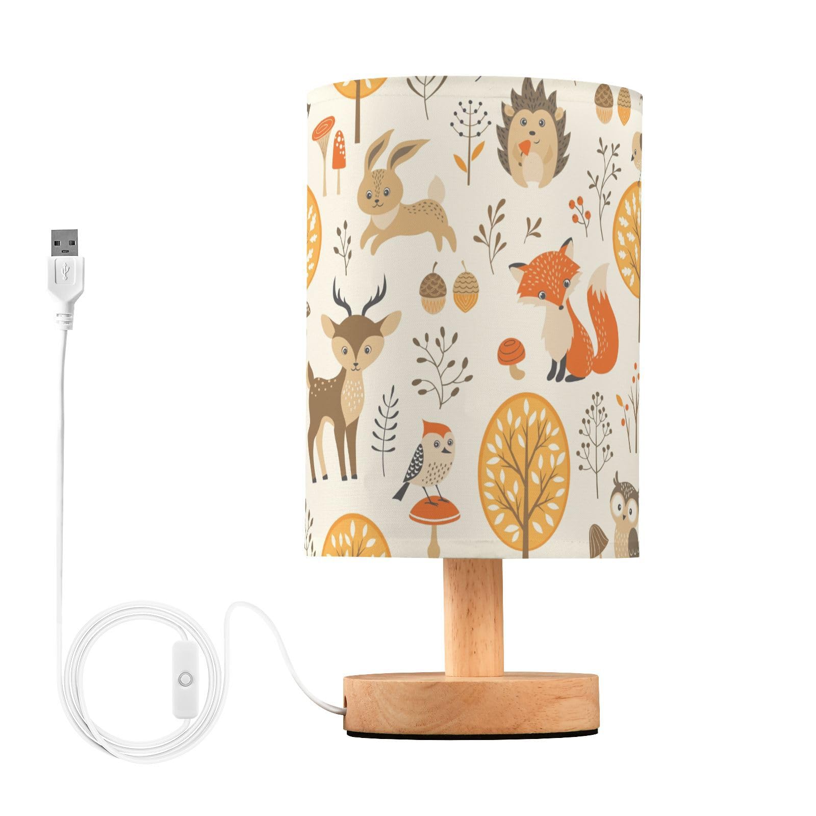 Oarencol Bedside Table Lamp Woodland Animals Nightstand Lamp with Wood Fox Owl Deer Buuny Trees Leaves Desk Lamps for Bedroom Li