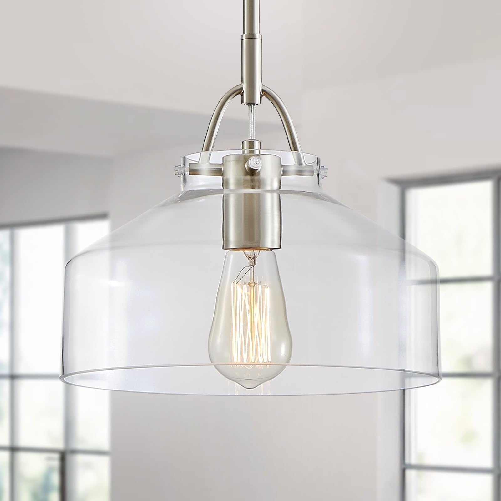 Wuzups Rustic Industrial Chandelier Pendant Light Fixture, Black Metal, 9.4H X 10.6W, E26 Base, Clear Glass Shades For Dining Room, Kitchen, Foyer