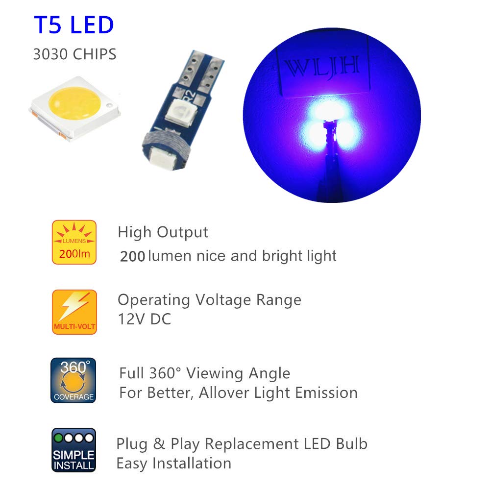 Wljh 6Pcs Blue Canbus Error Free T5 37 2721 3030 Chips Instrument Panel Led Light Gauge Cluster Dash Indicator Bulbs With Twist Socket