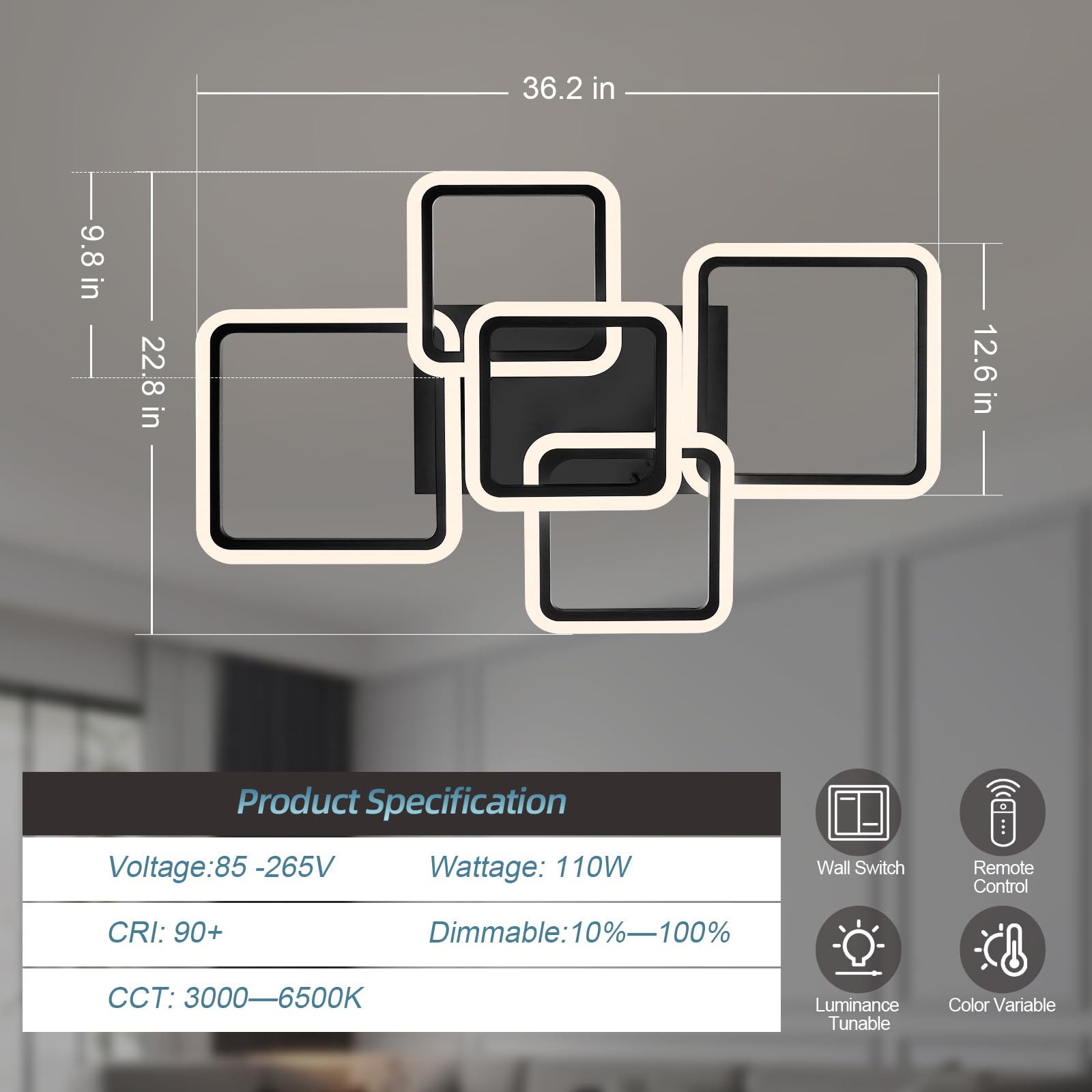 Seable Modern Led Ceiling Light 5-Square Dimmable Black Flush Mount Led Ceiling Light With Remote For Living Room