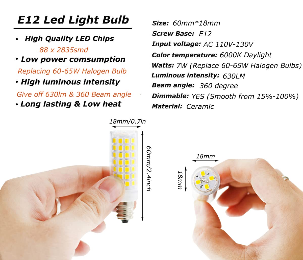 E12 Led Dimmable Bulb 7W T6 C7 Equivalent To Halogen 60W, Daylight White 6000K Candelabra For Ceiling Fan, Chandelier, Kx-2000 B