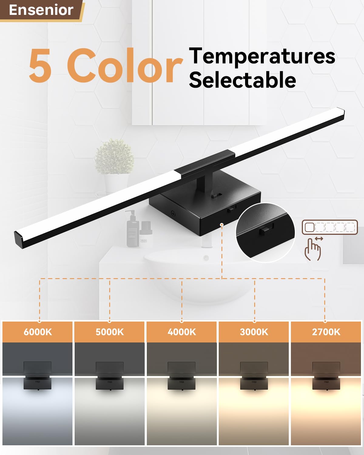 Ensenior Modern Bathroom Vanity Light 24 Inch, Built-In Dimmer, 13W Dimmable 5Cct Led Bathroom Light Fixture Over Mirror, Black