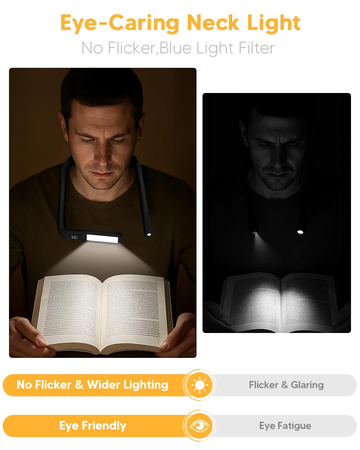 EastPin Upgraded Neck Reading Light - 80Hrs Rechargeable with Power Display & Timer, Black, Model GH-9, Perfect Gift for Book Lovers