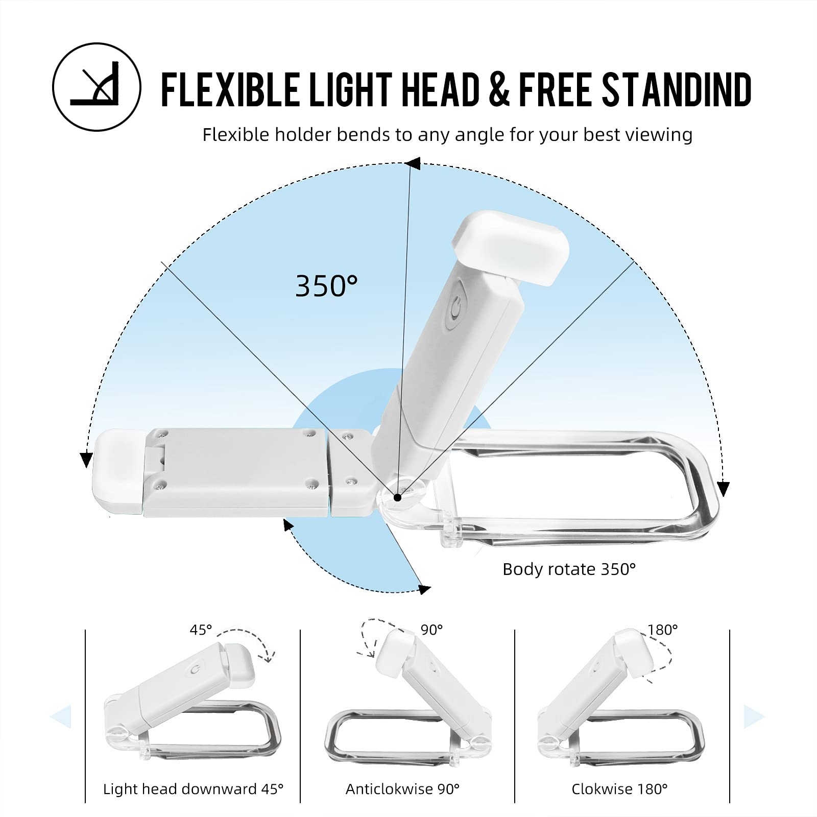 EGWASER Book Light - USB Rechargeable, 3 Brightness Levels, Dimmable, 2-Pack, White, Model EG-BL-24-1