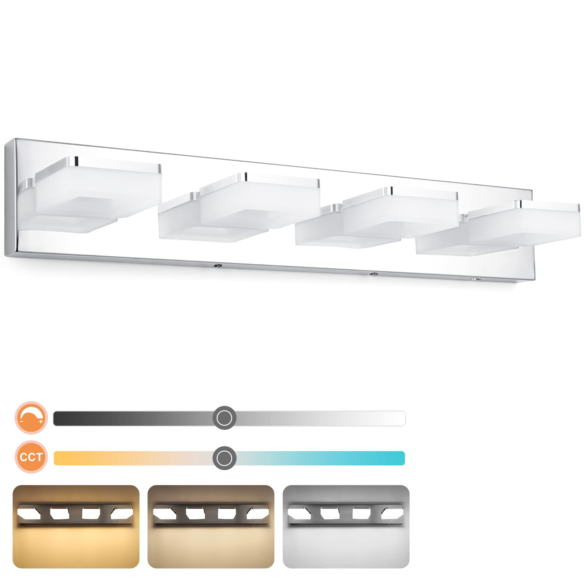 Goodate 3-Color Dimmable Chrome Led Vanity Lights, 4-Light Fixtures For Bathroom, 360° Rotate