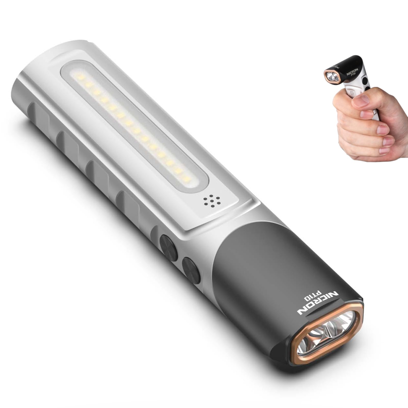NICRON PT10 Rechargeable Flashlight, 1000 Lumens EDC Flat Flashlight with 90 Rotatable Head and Strong Magnet, 4 Modes White/UV/