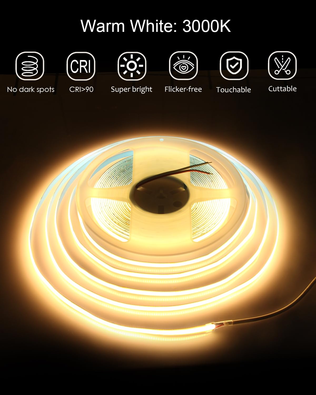 ALITOVE COB LED Strip Lights 32.8ft Warm White 3000K 24V Flexible Dimmable 480 LEDs/M Model 24V-10M-COB480-W