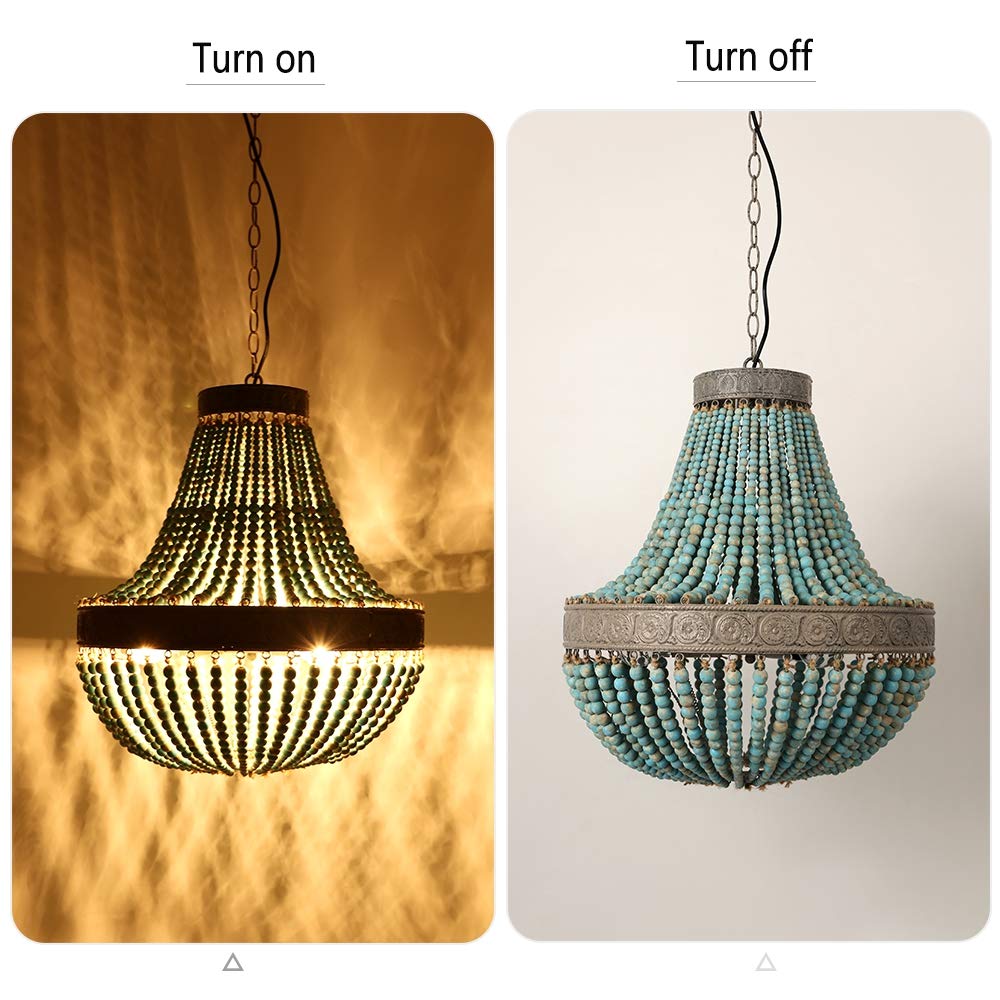 Newrays Wood Bead Chandelier Pendant Light Gray Blue 19.88x21.65 in Bohemian Ceiling Lamp Model P141001