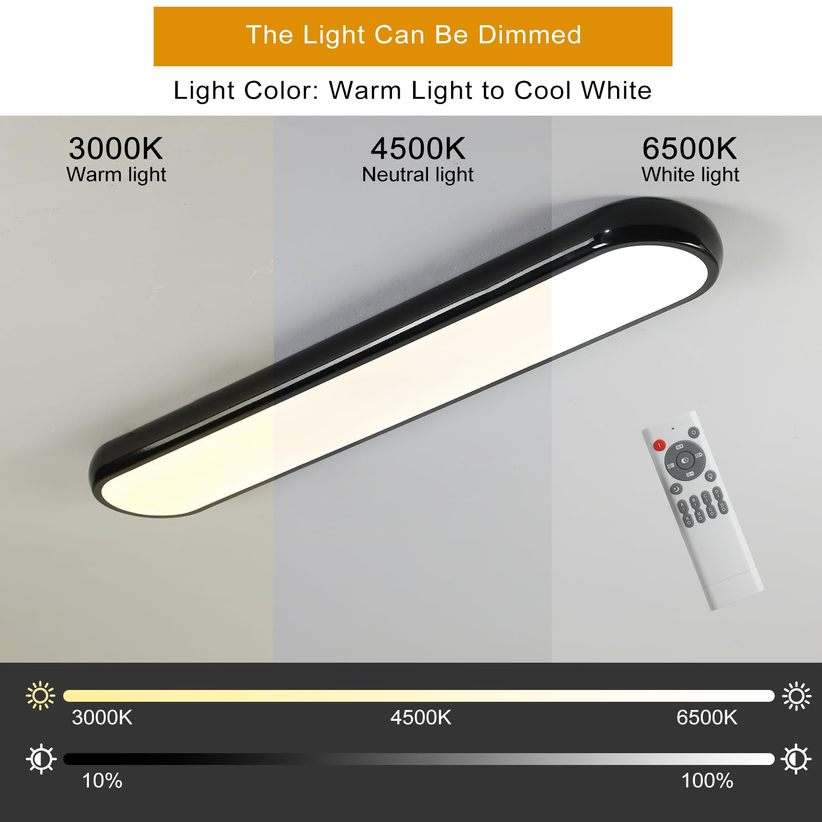 Qcyuui Modern Led Ceiling Light Dimmable Semi Flush Mount Ceiling Light 39.4 In Long Ceiling Light Fixture Kitchen Lighting Fixtures Ceiling For Office Bedroom Hallway(Black/48W/3000-6500K)