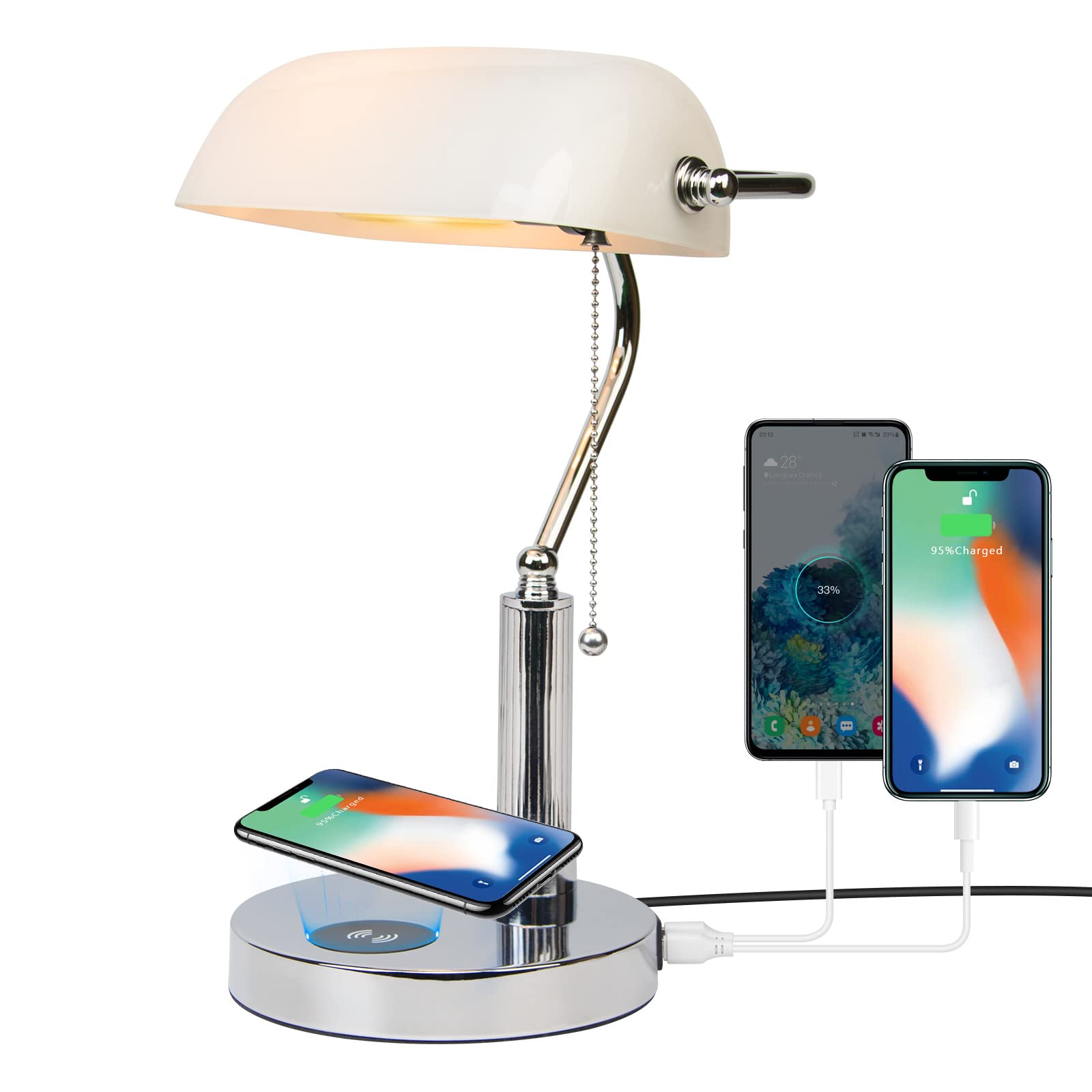 FIRVRE Bankers Lamp, White Glass Desk Lamp with Wireless Charger and 2USB Charging Port,Pull Chain Switch Lamp with Metal Base,M