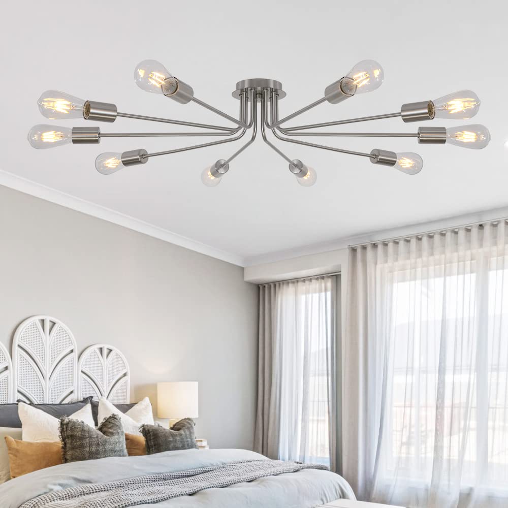 Tuluce 10 Light Sputnik Chandelier Brushed Nickel Ceiling Light Semi Flush Mount Light Ceiling Lamp For Kitchen Dining Room Livi