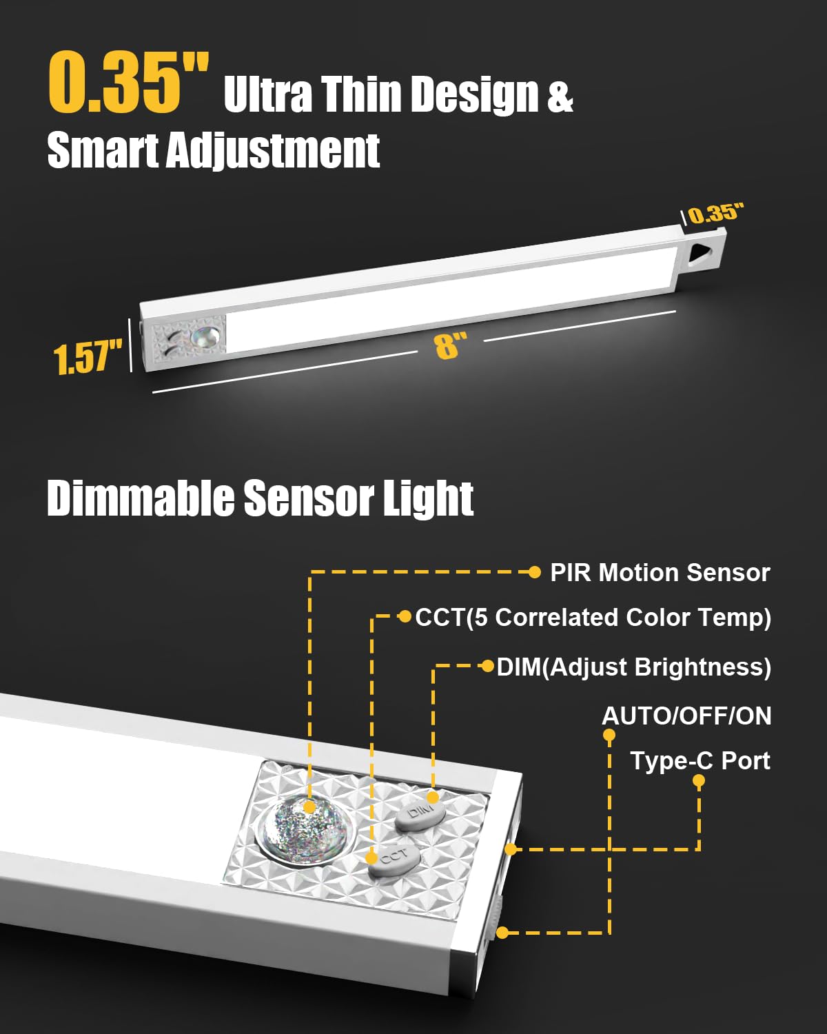 TheDeco LED Under Cabinet Lighting, 5CCT Motion Sensor, Rechargeable Battery Operated, 8 White, Magnetic Dimmable, 2 Pack