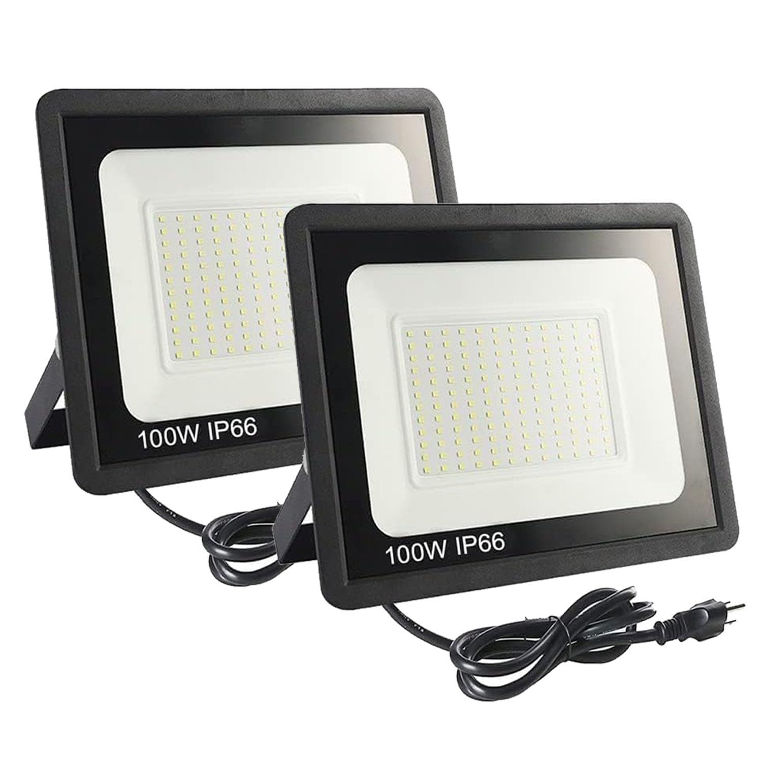 2Pack Led Flood Light Outdoor,100W Led Work Light 11000Lm With 6Ft Us Plug,Ip66 Waterproof Exterior Security Lights,6000K Daylight White Outside Floodlights Slim Design For Playground Yard