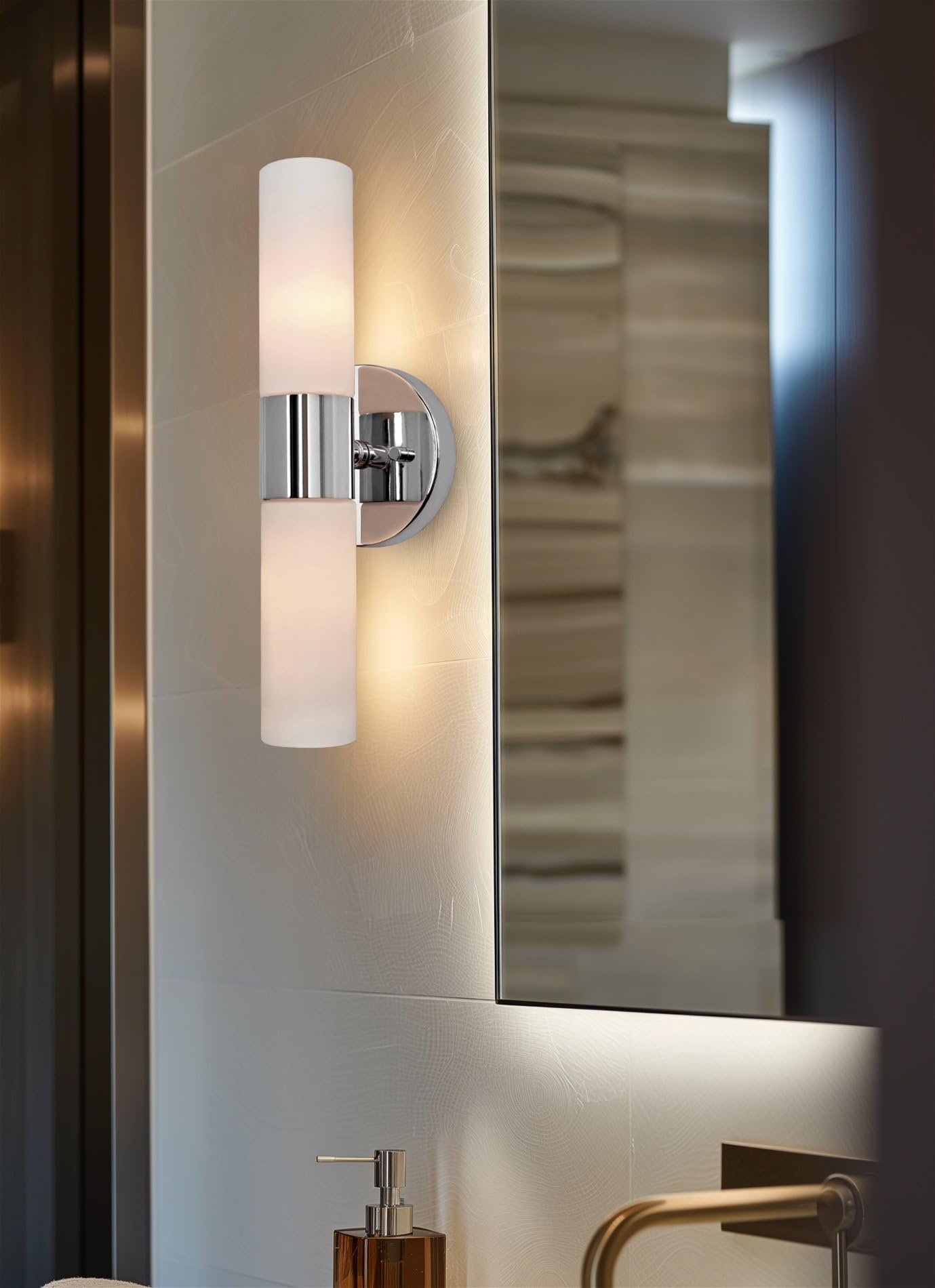 Kira Home Duo Modern Wall Sconce, Frosted Glass Shades, 14in, Chrome Finish, Model RV-W131-1747-14-CH