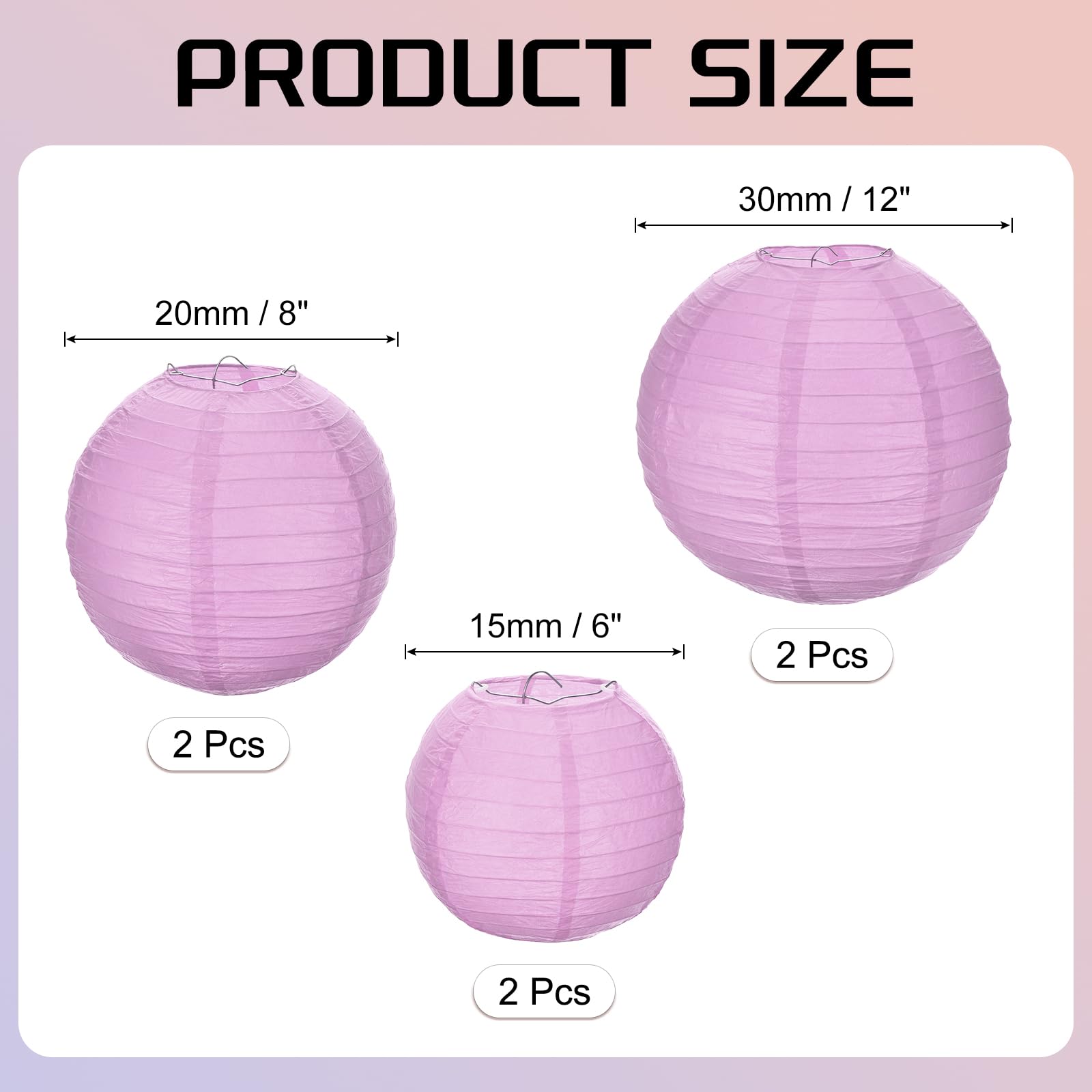 Meccanixity 6Pcs Paper Lanterns Decorative, 6'' 8'' 12'' Light Purple Round Hanging Lantern Chinese Lanterns For Home Decor, Bir