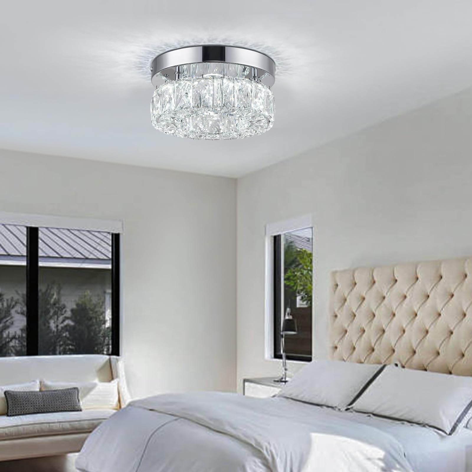 7.9 Inch Modern Mini Crystal Chandelier Led Flush Mount Ceiling Light - 16W 6000K Cool White, Round Crystal Lamp For Hallway, Ki