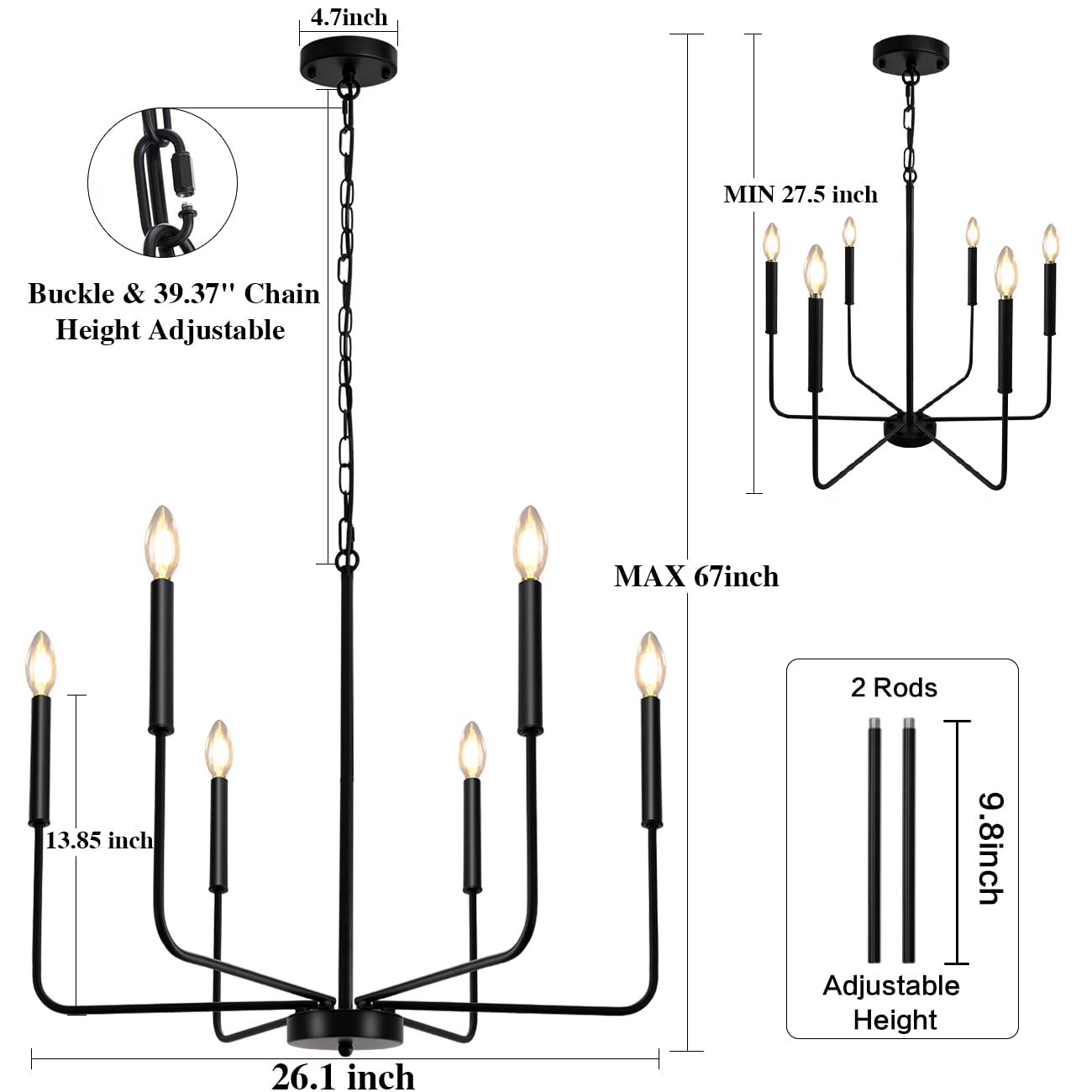 LASENCHOO Black Metal Chandeliers, 26in 6 Lights Modern Candle Linear Fixture for Dining Room, Bedroom, Kitchen, Model BLM-D0070-6