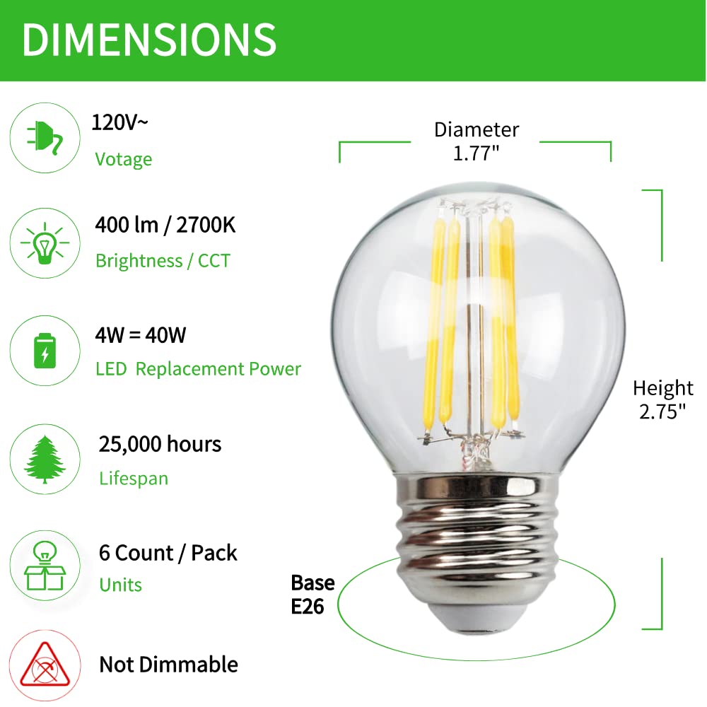 6-Pack G45 E26 Led Small Globe Bulbs 40Watt Equivalent, 2700K Warm White, 400Lumens, 4W G16.5 Vintage Chandelier Light Bulbs, No