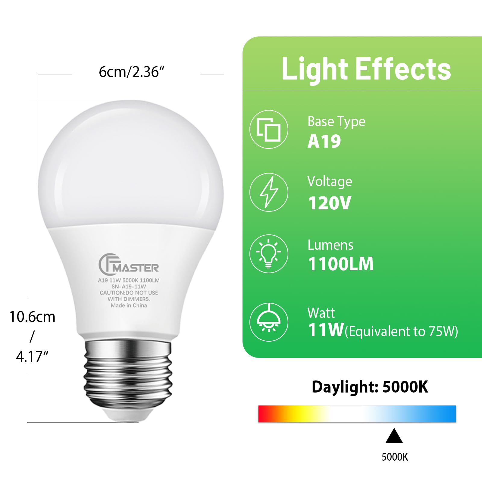 Jiangsiling A19 Led Light Bulb, 75W Equivalent Led Bulb, 11W 5000K Daylight, 1100 Lumens, Non-Dimmable Light Bulbs, Cri 85+, No