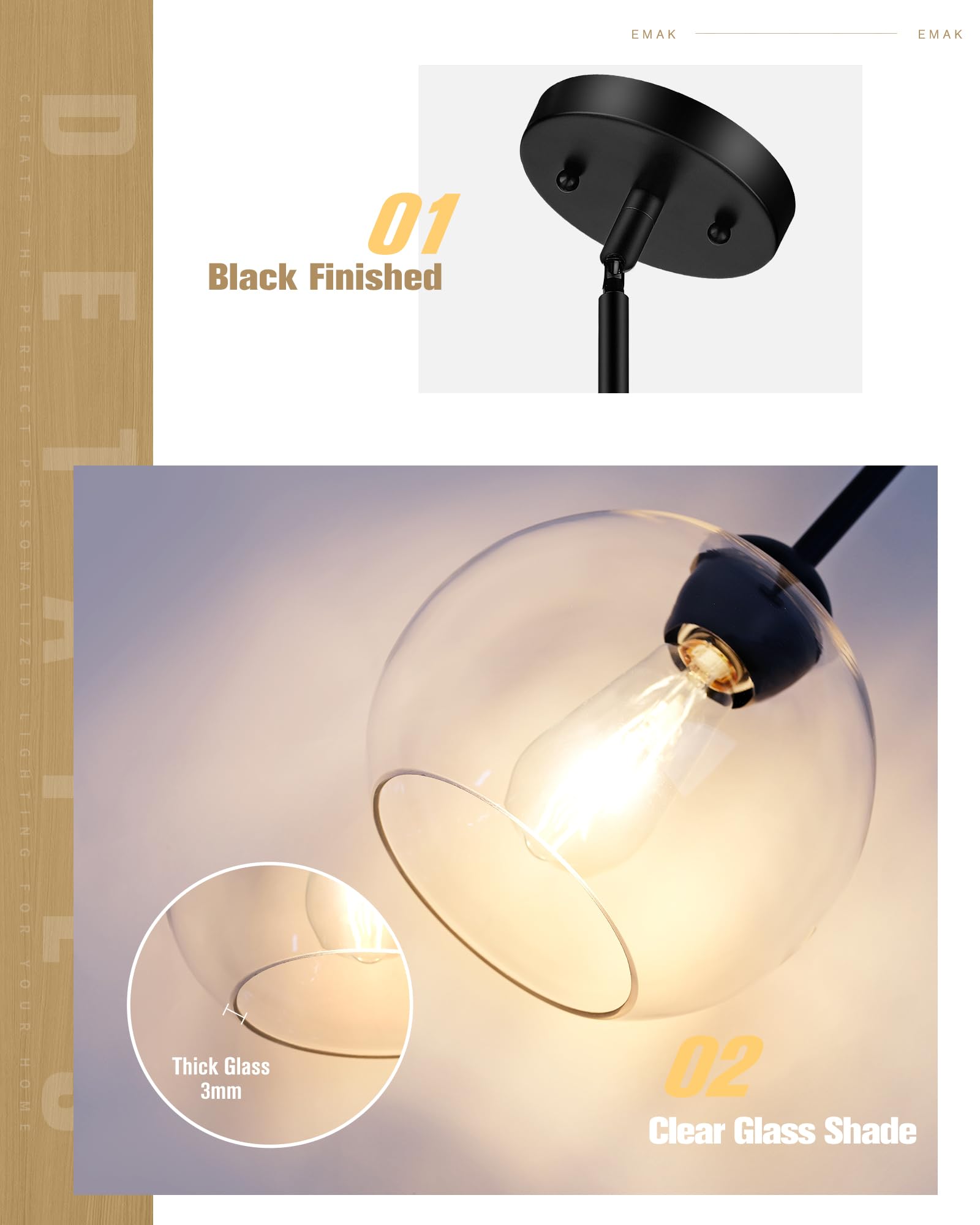 Emak 8 Inch Globe Pendant Lights Kitchen Island, Modern Black Pendant Light With Clear Glass Shade, 2 Pack Hanging Light Fixture