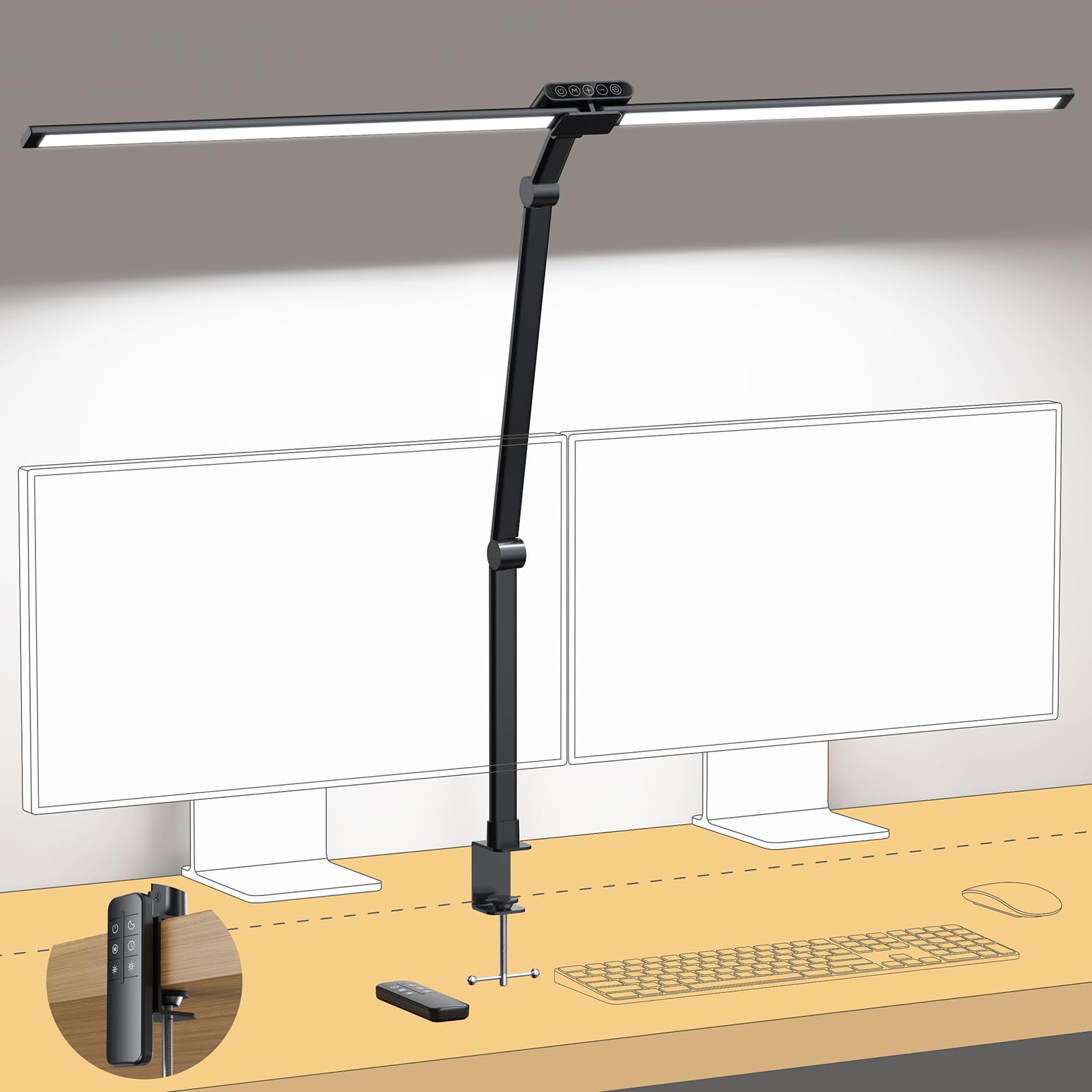 TROND LED Desk Lamp with Clamp  29.55 Tall Desk Light with Remote  1500LM Bright Table Lamp  Swing Arm Clip on Light  Eye-Caring  Touch Control Dimmable for Home Office Monitor Reading Study Task