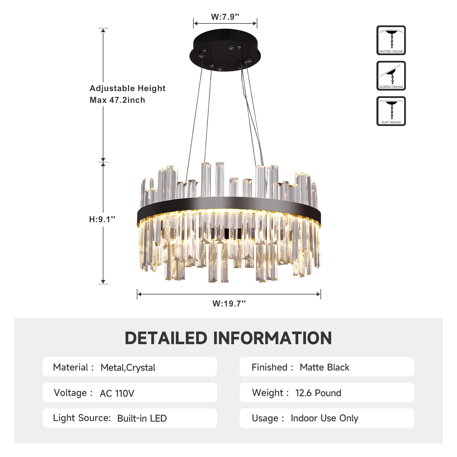 Black Led Modern Crystal Chandelier: 19.7 Round Contemporary 3 Color Dimmable Dining Room Light Fixture Over Table - Adjustable Lighting Chandeliers For Bedroom Living Kitchen Island Entryway Foyer