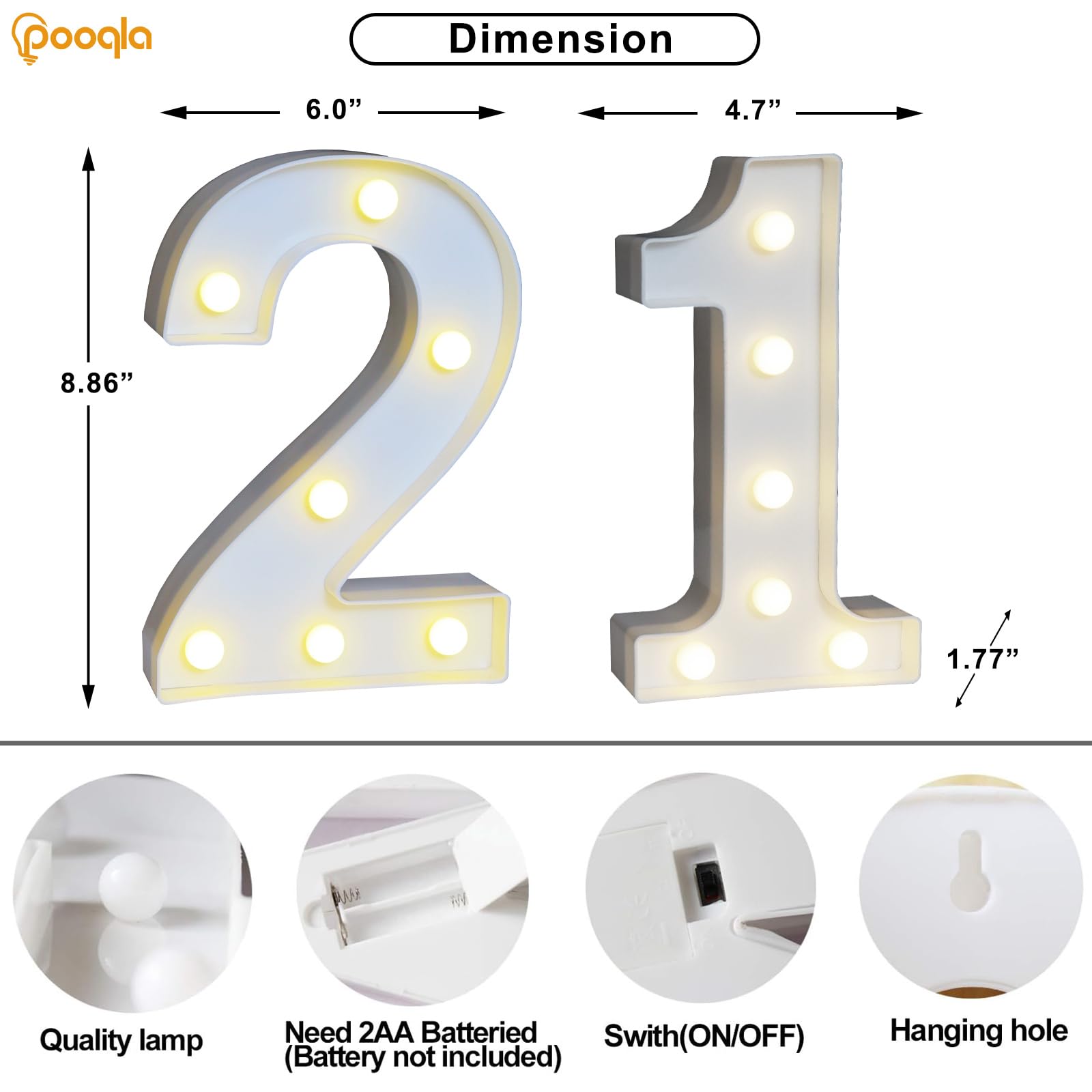 Pooqla Decorative Led Light Up Number Letters, White Plastic Marquee Number Lights Sign For 21Th Birthday Party Wedding Decor Battery Operated Number (21)