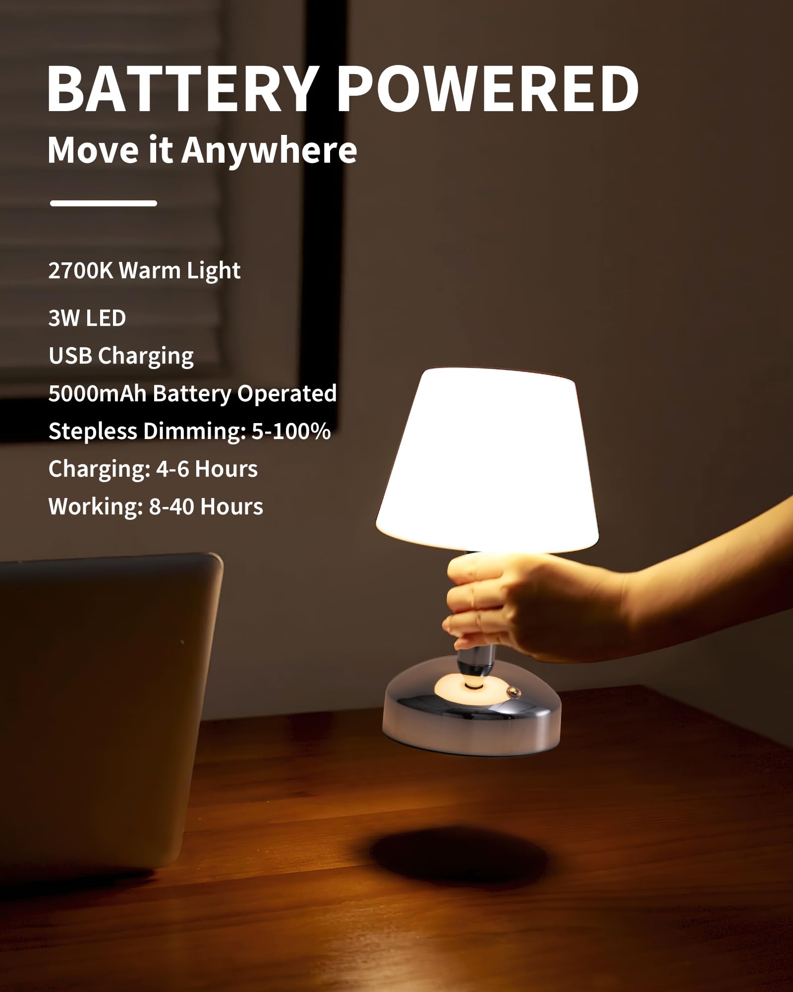 KDG Modern Cordless Table Lamp, Waterproof LED, 5000mAh Battery, Silver, Model AMZ-TBL-012-S