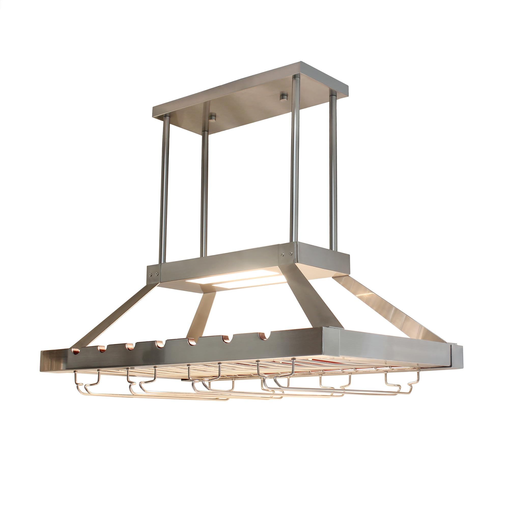 Elegant Designs Wr1000-Bsn Kitchen Hanging Led Light Overhead Wine Rack Island Pendant Chandelier Bottle And Glass Storage Display, Brushed Nickel