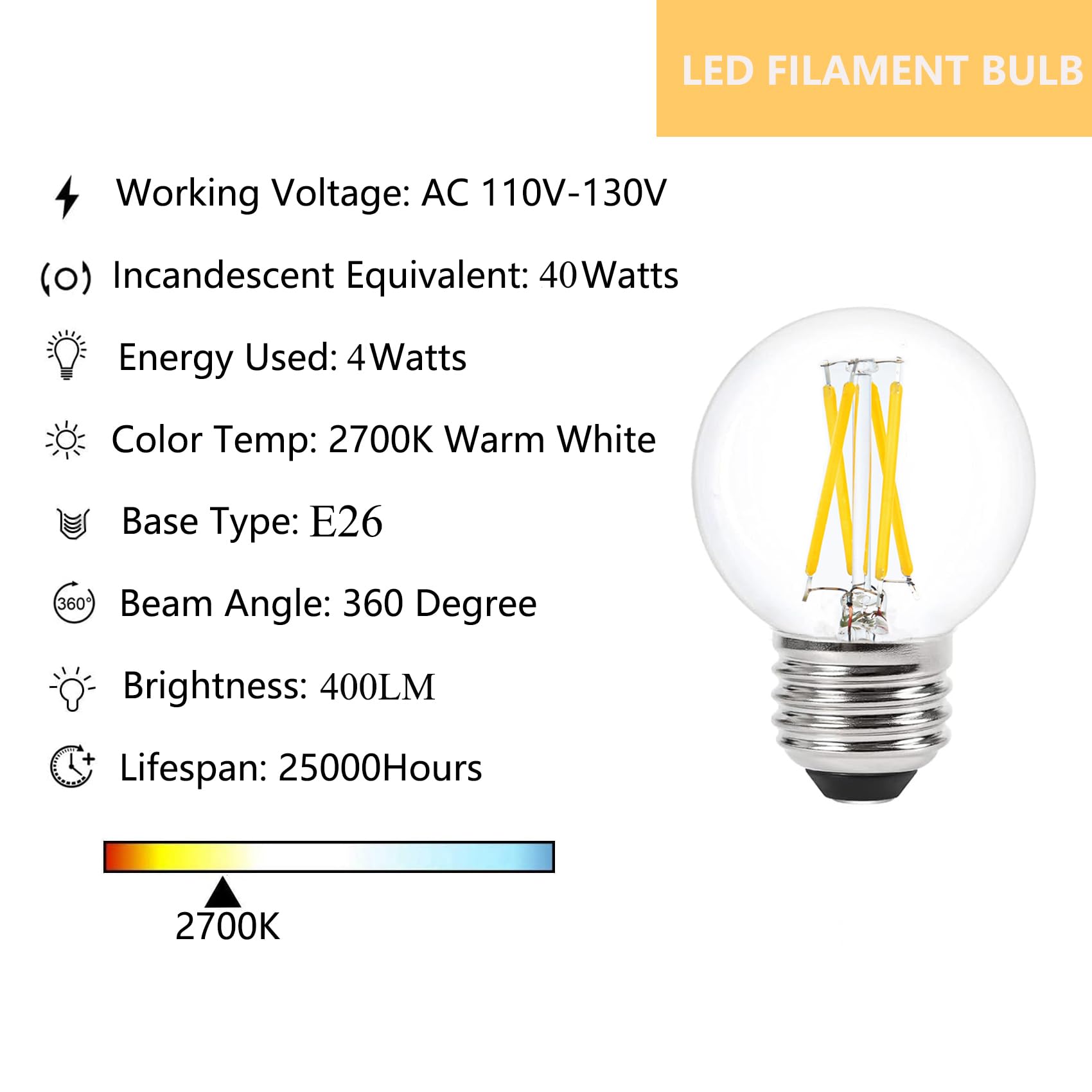Sunaiony G16.5 Light Bulbs 40 Watt Equivalent E26 Globe Bulb Dimmable, Small Globe Light Bulbs Led 4W 2700K Warm White, Clear Gl