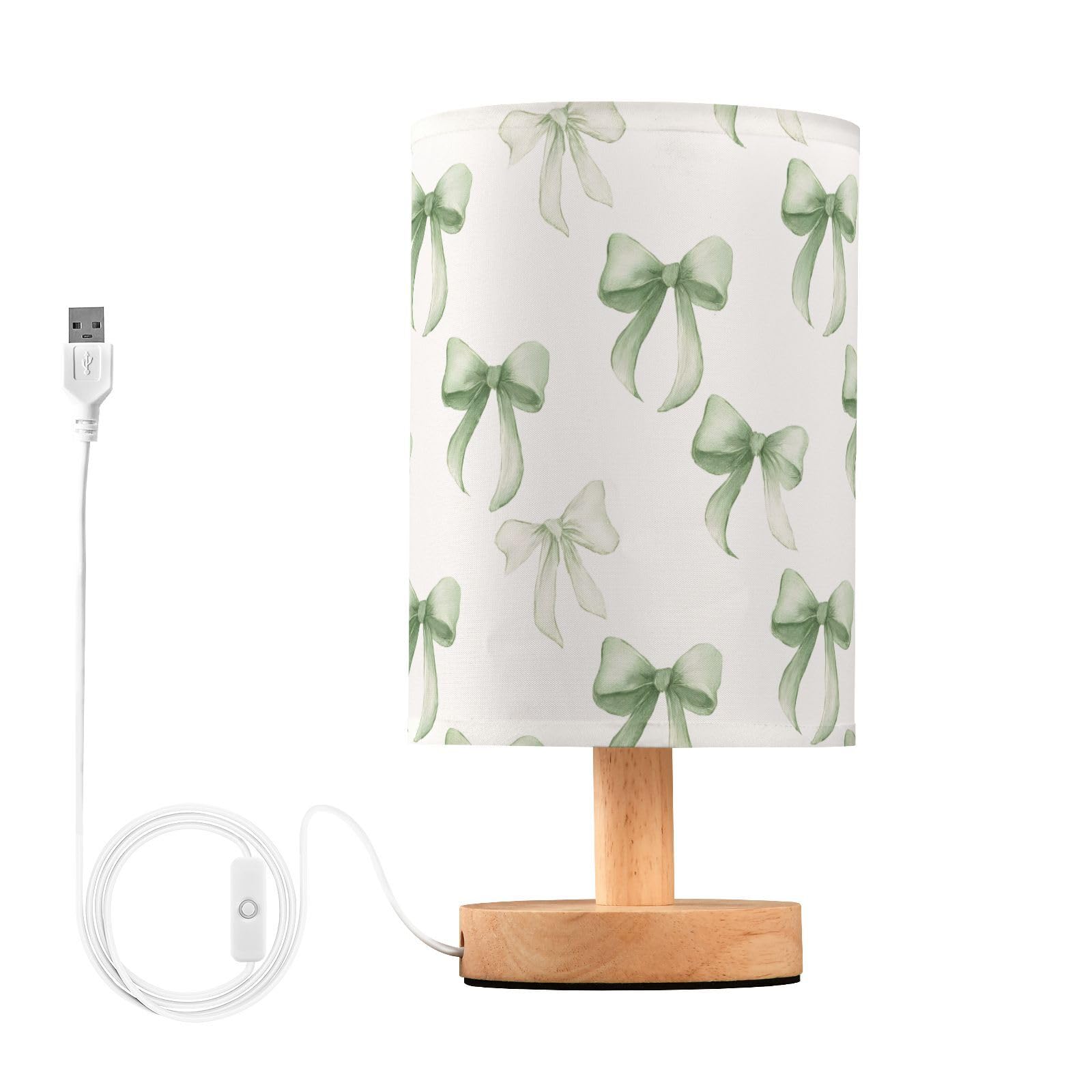 ALAZA Bedside Table Lamp Green Bows Lamp for Girls Boys Bedroom with USB Port LED Kids Nightstand Lamp Wood Base Desk Living Roo