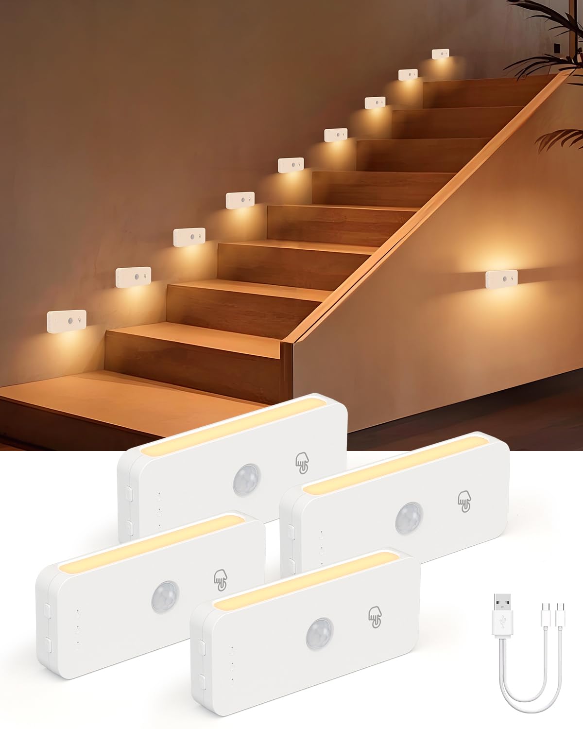 Yiliaw Motion Sensor Night Lights - Rechargeable 4-Pack, Adjustable Brightness, 3 Color Temps, White, Magnetic Mount