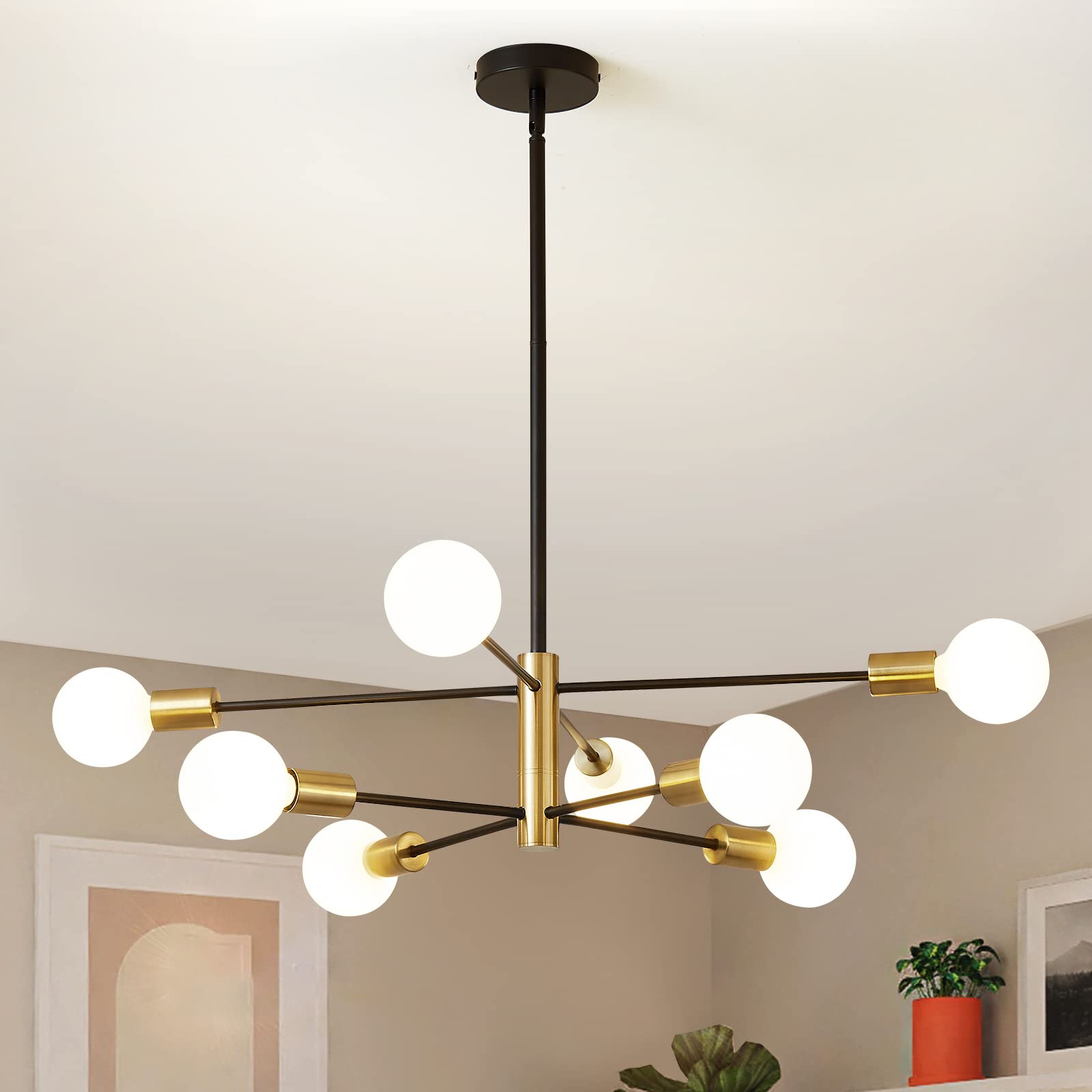 Ruiyey Modern 8-Light Sputnik Chandelier, Black And Gold, Adjustable Ceiling Fixture For Dining Room