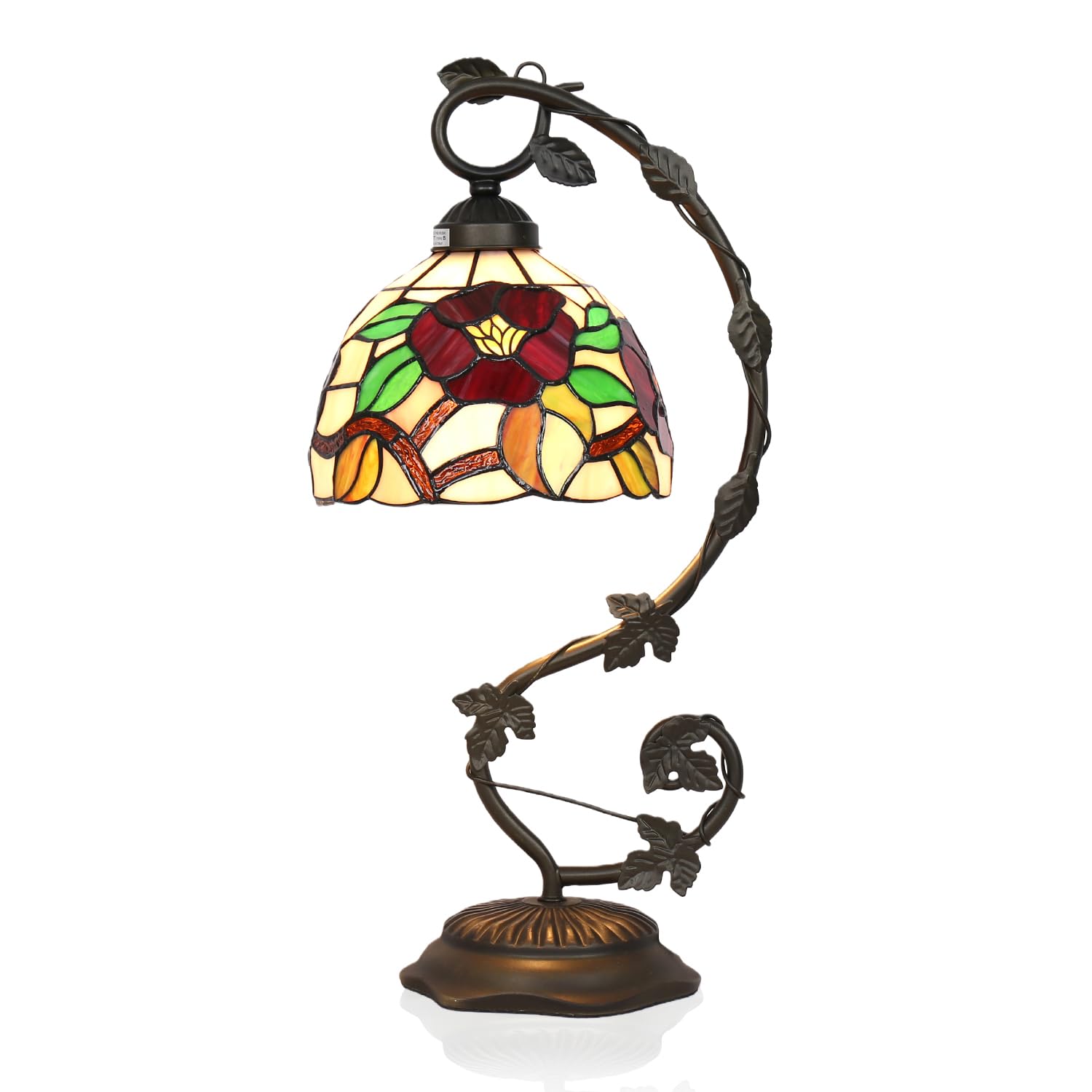 TFNALNB Tiffany Table Lamp, Crabapple Blossom Style Stained Glass Shade with Metal Vine Base, 8x10x20 Inch