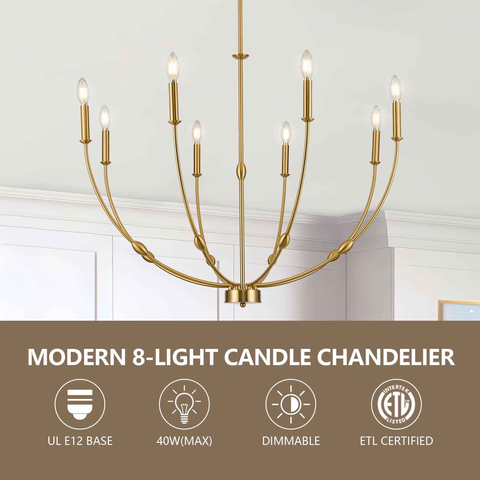 Acaner 8-Light Modern Gold Candle Chandeliers, 35 Inch Large Brass Chandelier For Dining Room, High Ceiling Pendant Light Fixtur