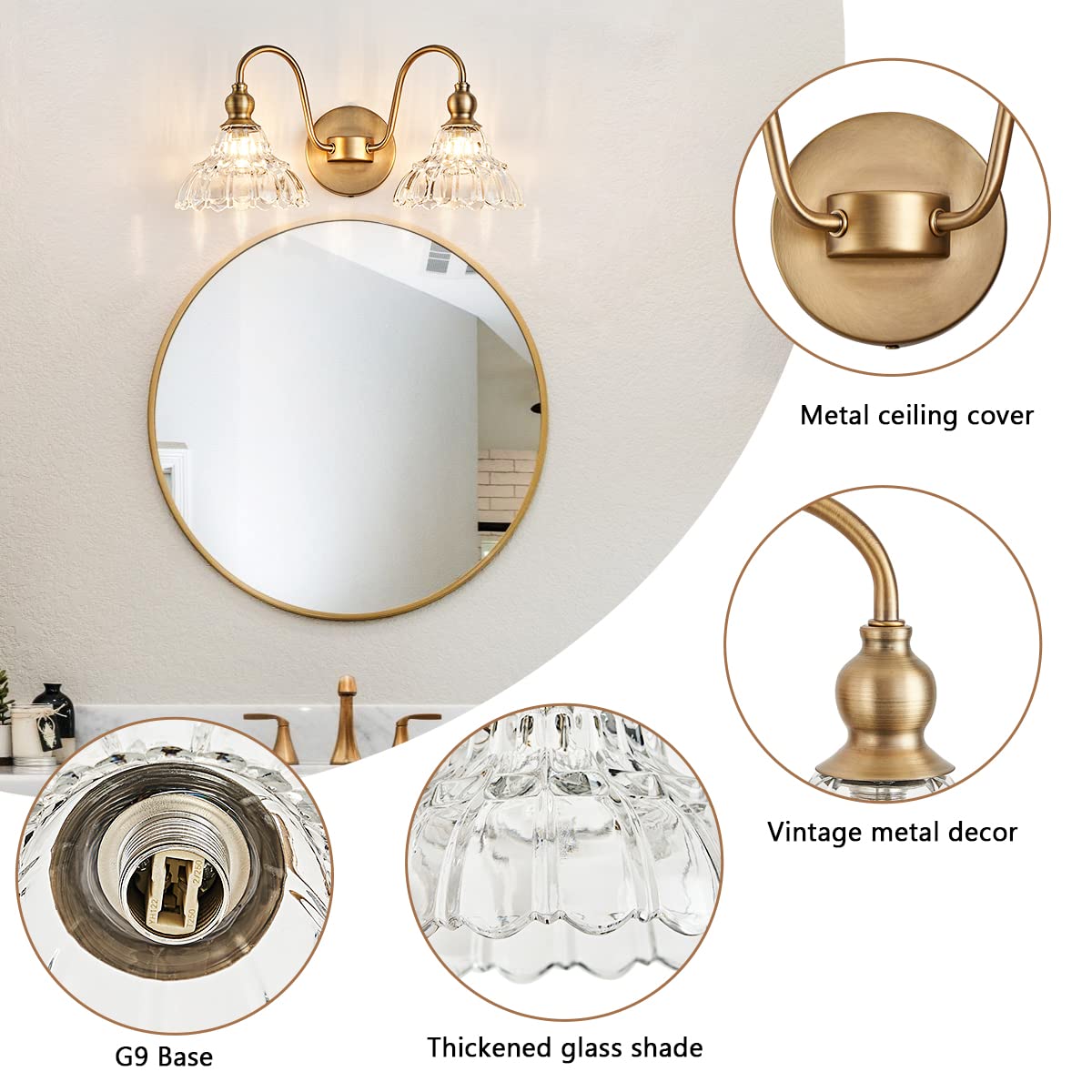 Tlolgt Antique 2-Light Wall Sconce Modern Bathroomvanity Light Gold Wall Light Made Of Metal Body And Pressed Patterned Glass Retro Vanity Light For Bedroom, Bathroom, Doorway, Foyer, Hallway