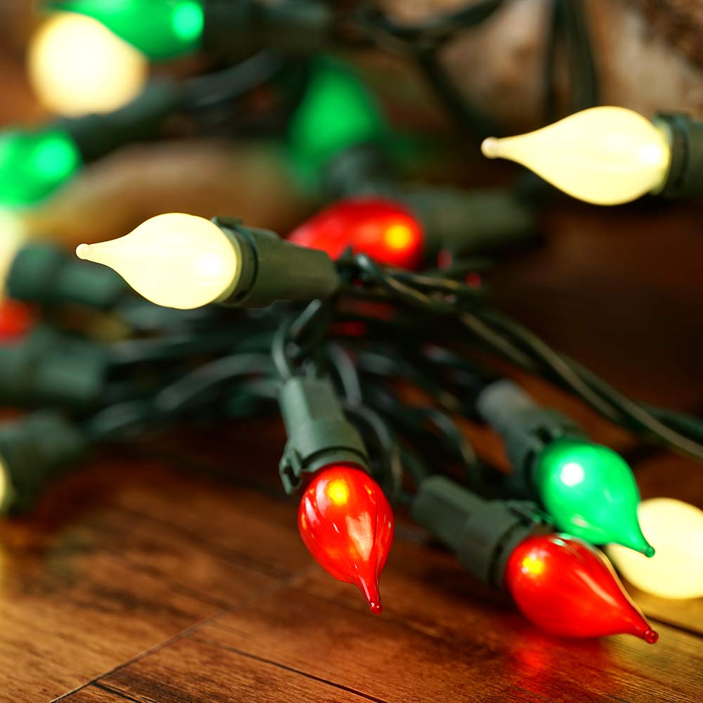BOHON C3 Multi Color Christmas Light Set - 50 LEDs, UL Certified, Indoor/Outdoor, Green Wire, Red Green and White