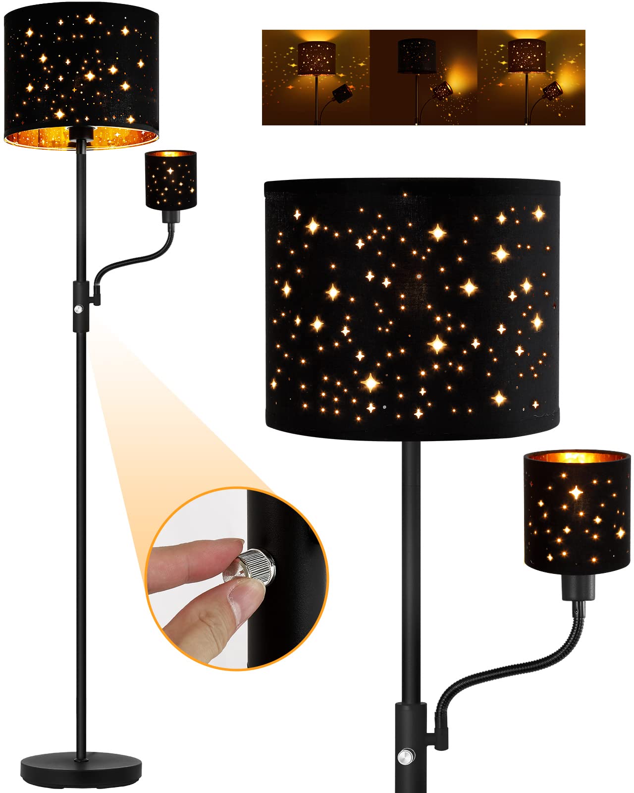 Floor Lamp Black, Reading Standing Lamps for Living Room, 62'' Tall Torchiere Lamp for Kids Room, 3-Way Switch, Star-Gold Lampsh