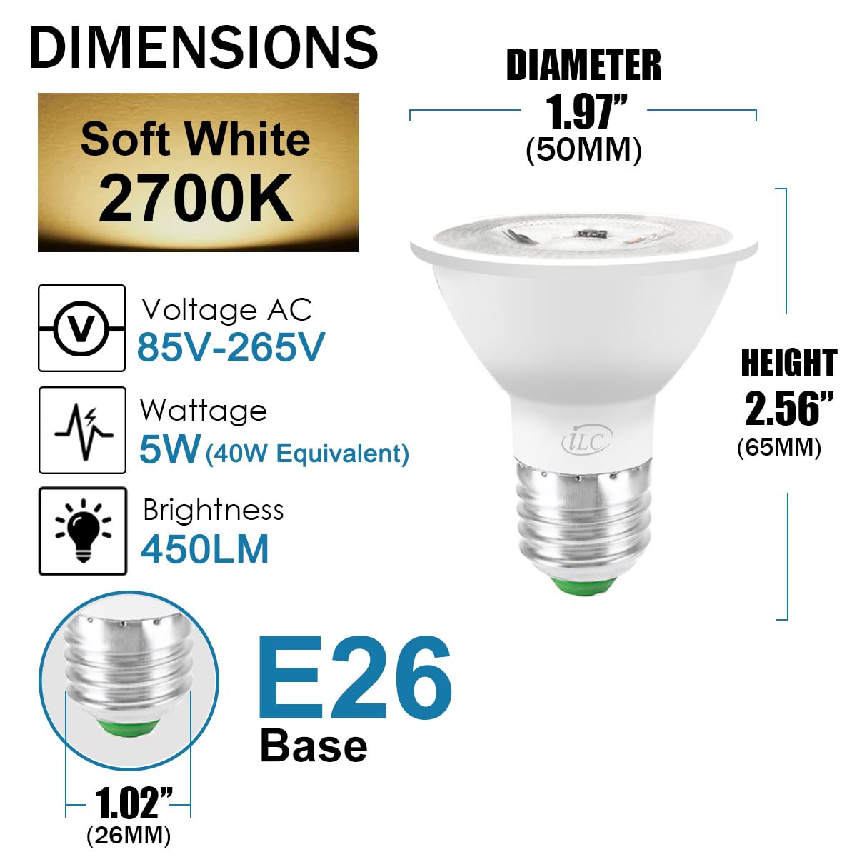 ILC Par16 LED Light Bulbs, 40W Equivalent, Color Changing, Dimmable, 8 Pack, Warm White 2700K, RGB with Remote Control