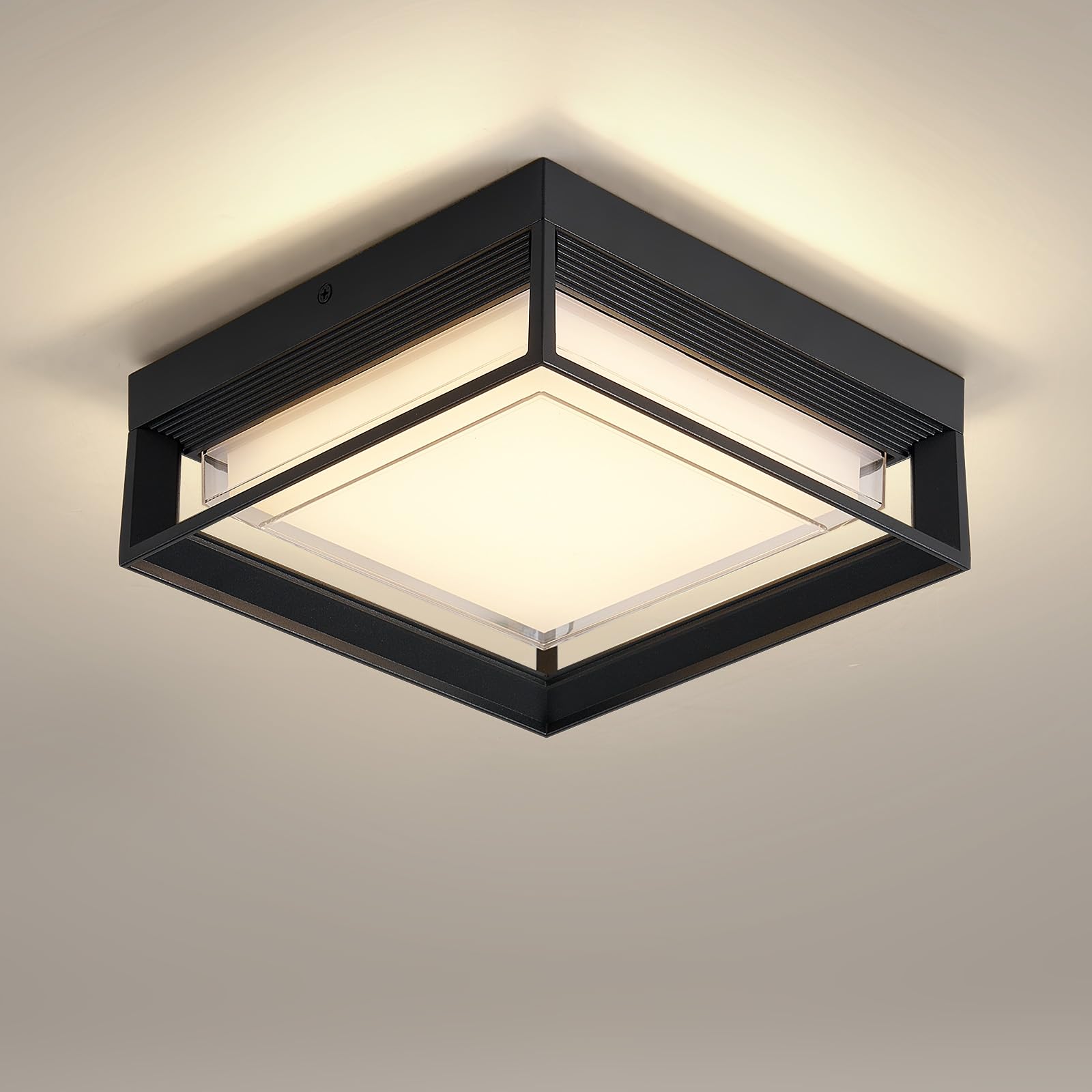 Outdoor Square Flush Mount LED Ceiling Light Fixture, 120V 24W=125W 3000K Warmlight 9 inch Medium Overhead Porch & Patio Lights 