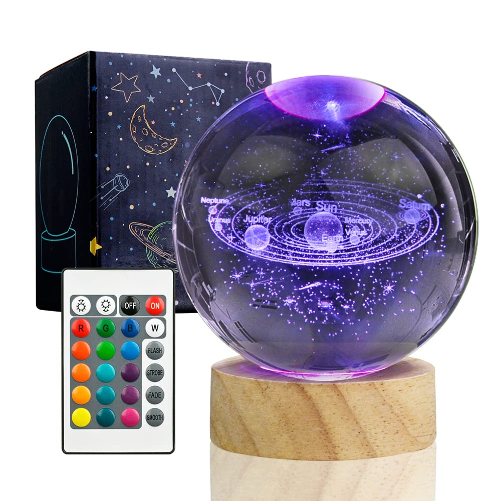 3D Solar System Crystal Ball Night Light with 16 Color LED Wooden Base, Upgraded 3.15 Inch Galaxy Planets Glass Ball Lamps with 
