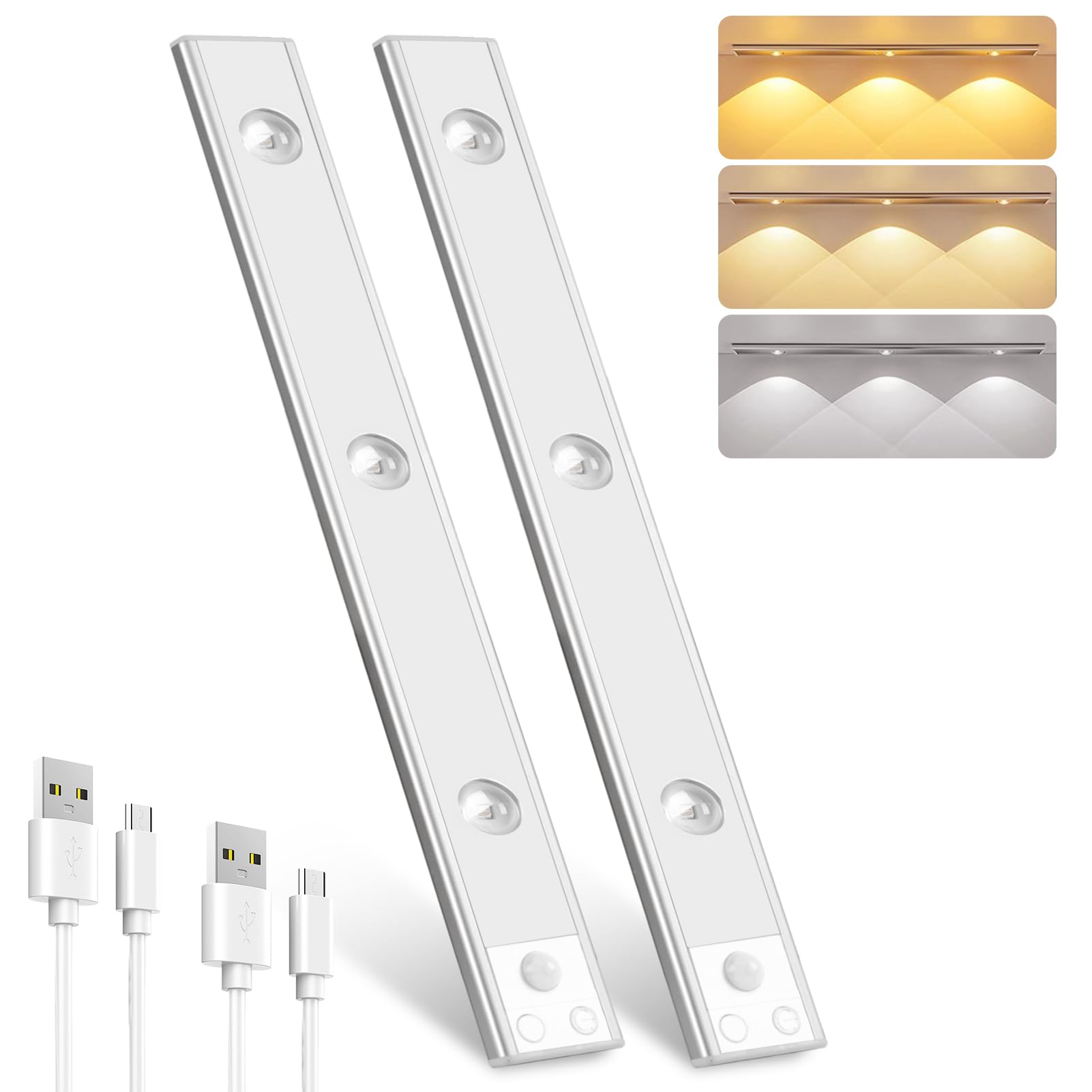 Pak Under Cabinet Lights, Rechargeable Motion Sensor, Wireless, 3 Color Dimmable, Cat's Eye Hill Effect for Display Cabinets & W