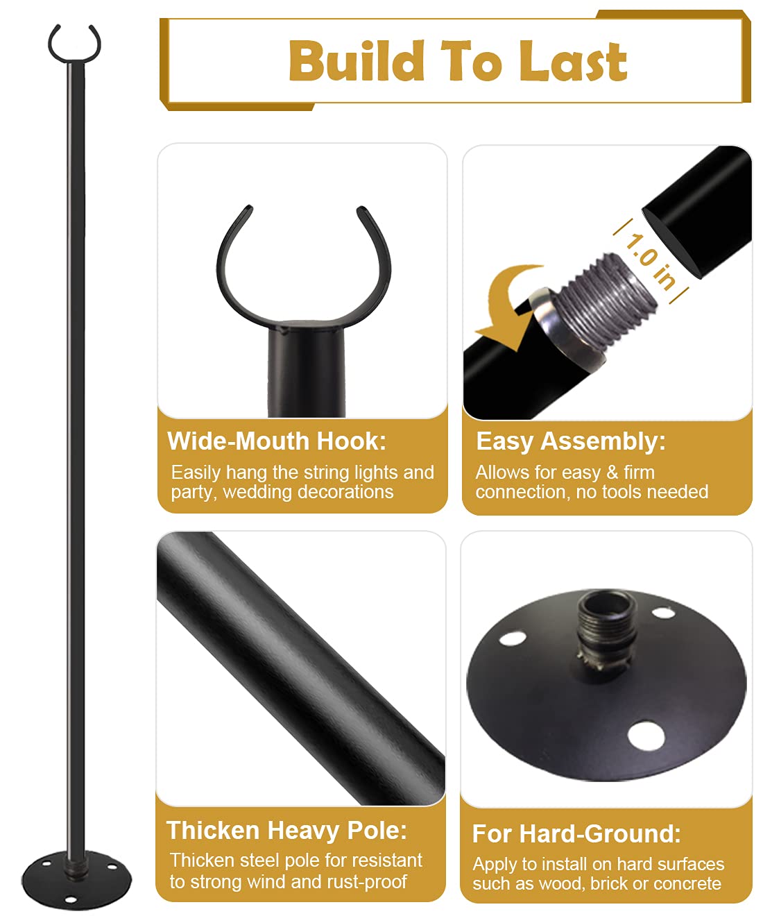 Derkniel 10 Ft Outdoor String Light Pole Stand For Hard Ground, Adjustable Globe Patio Light Post For Hanging Outside Decorate L