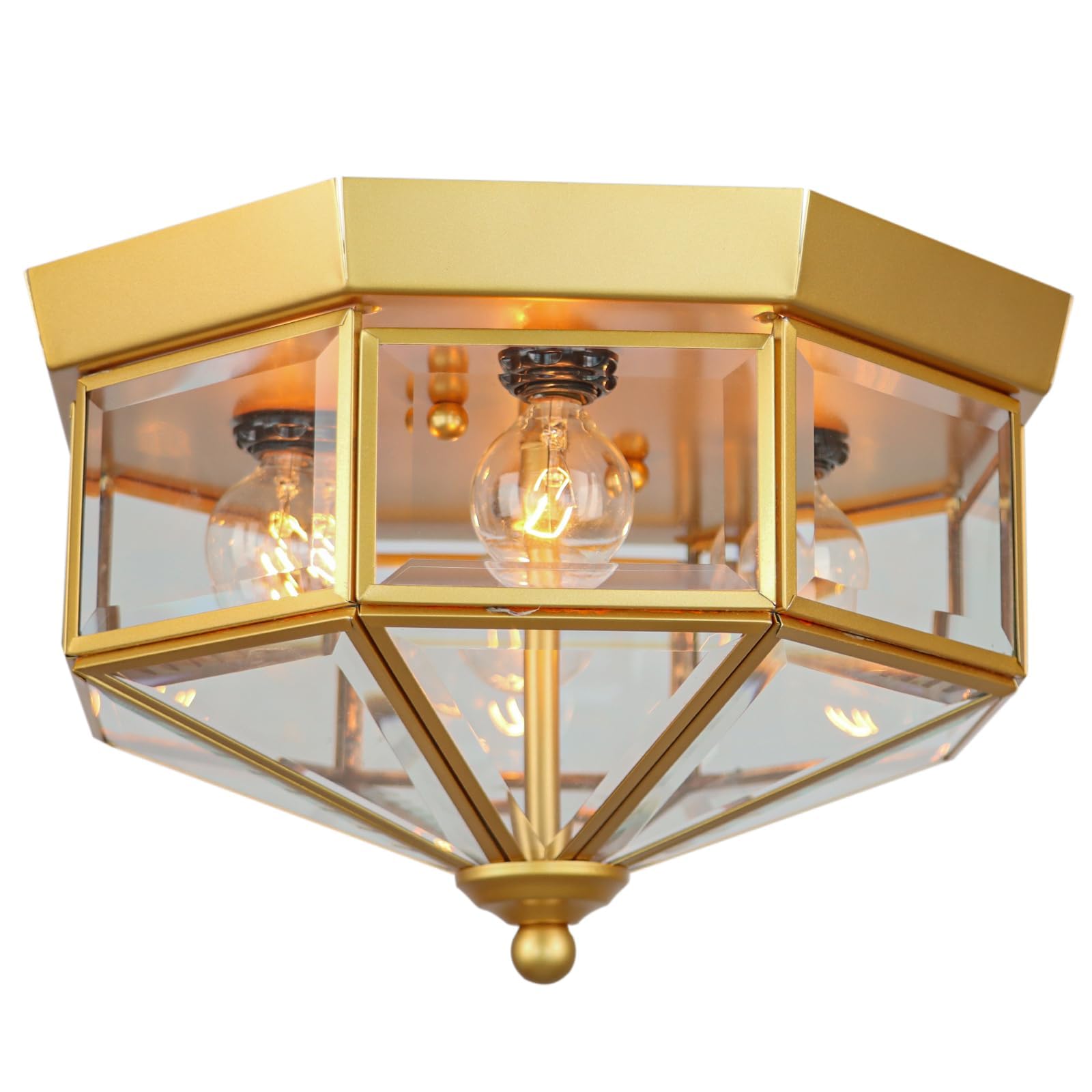 Flush Mount Outdoor Ceiling Light Fixture, 4 Light Exterior Porch Ceiling Lights with Clear Glass, Gold Farmhouse Lighting for I