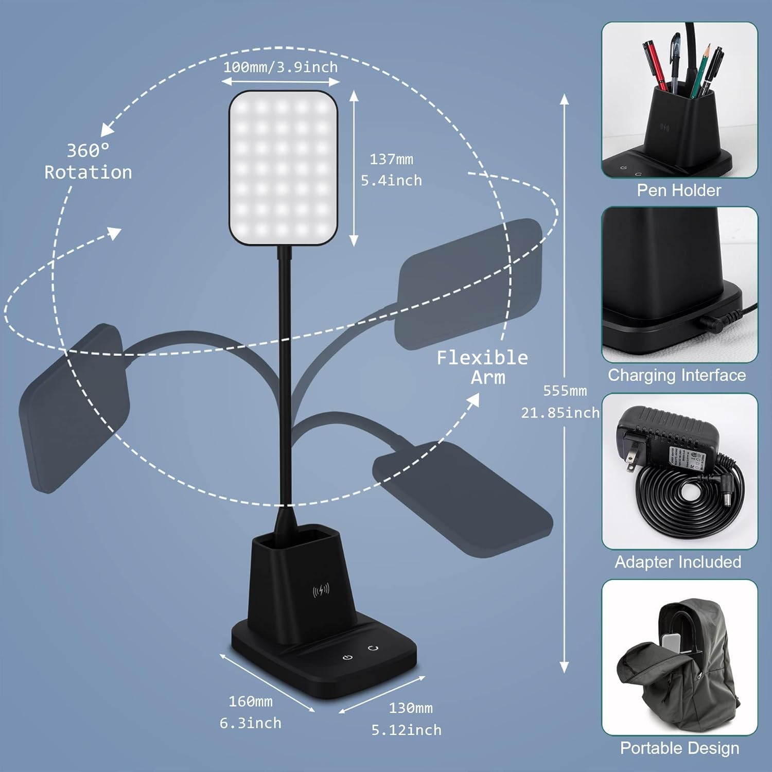 Sailstar LED Desk Lamp with Wireless Charger, 3 Color Modes, Stepless Dimming, Black, Acrylic, 800 Lumen, Ideal for Home Office and Dorm Room