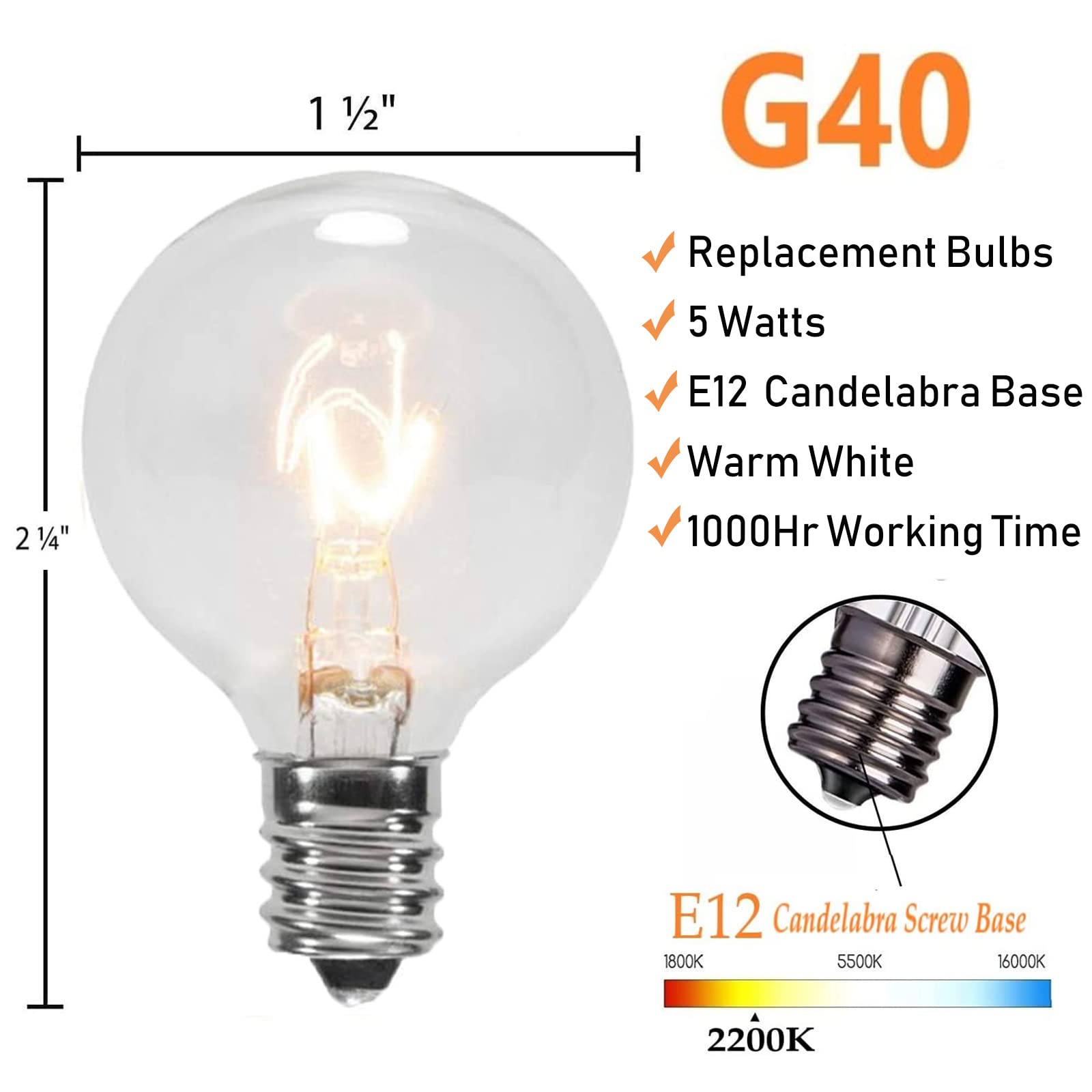 GOOTHY G40 Clear Globe Replacement Light Bulbs, E12 Base, 120V 5W, Warm White, 25 Count