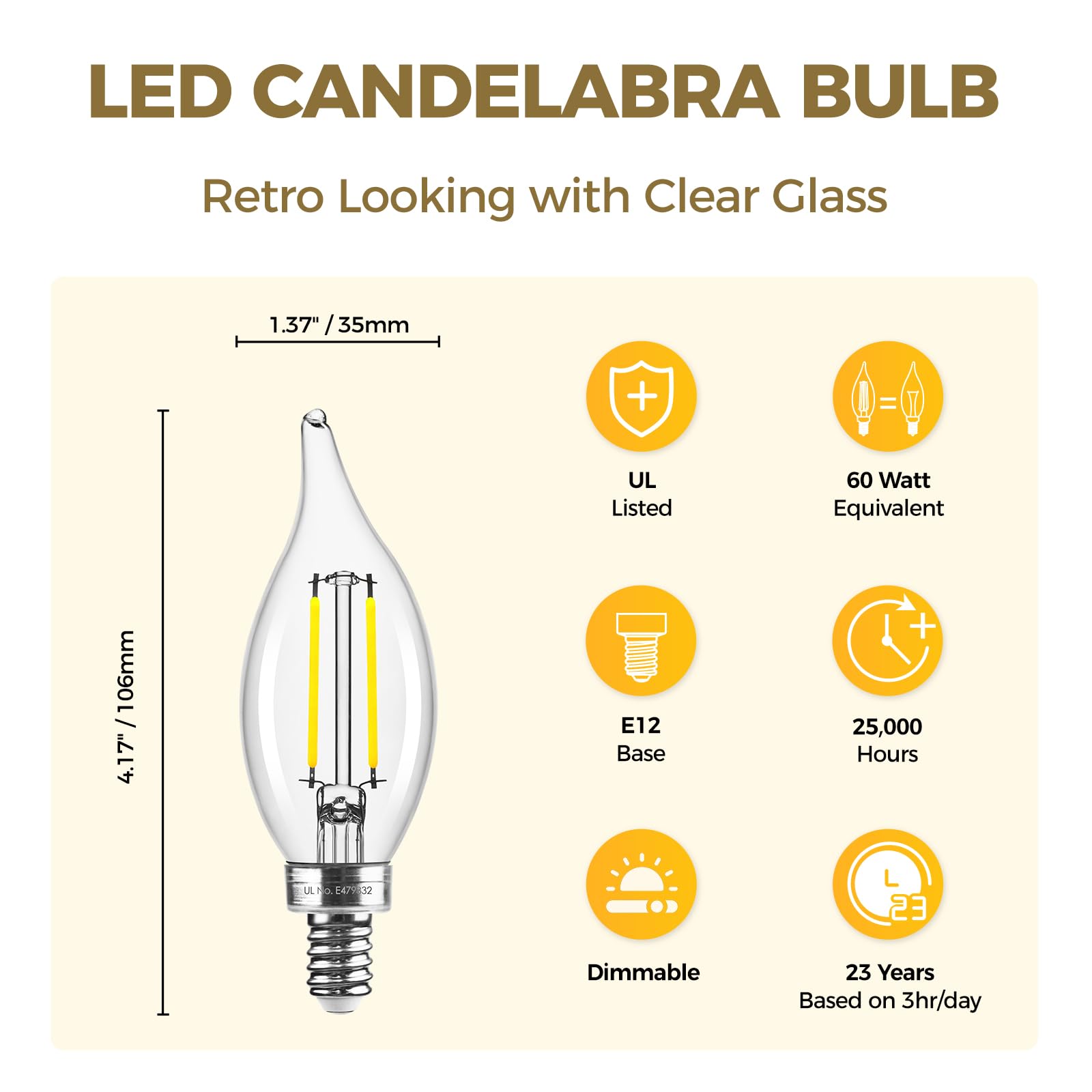 Hizashi Led Candelabra Bulbs 60 Watt Equivalent 5000K Daylight White, Dimmable E12 Bulb Candelabra Base, 90+ Cri 6W 550Lm, Ca11