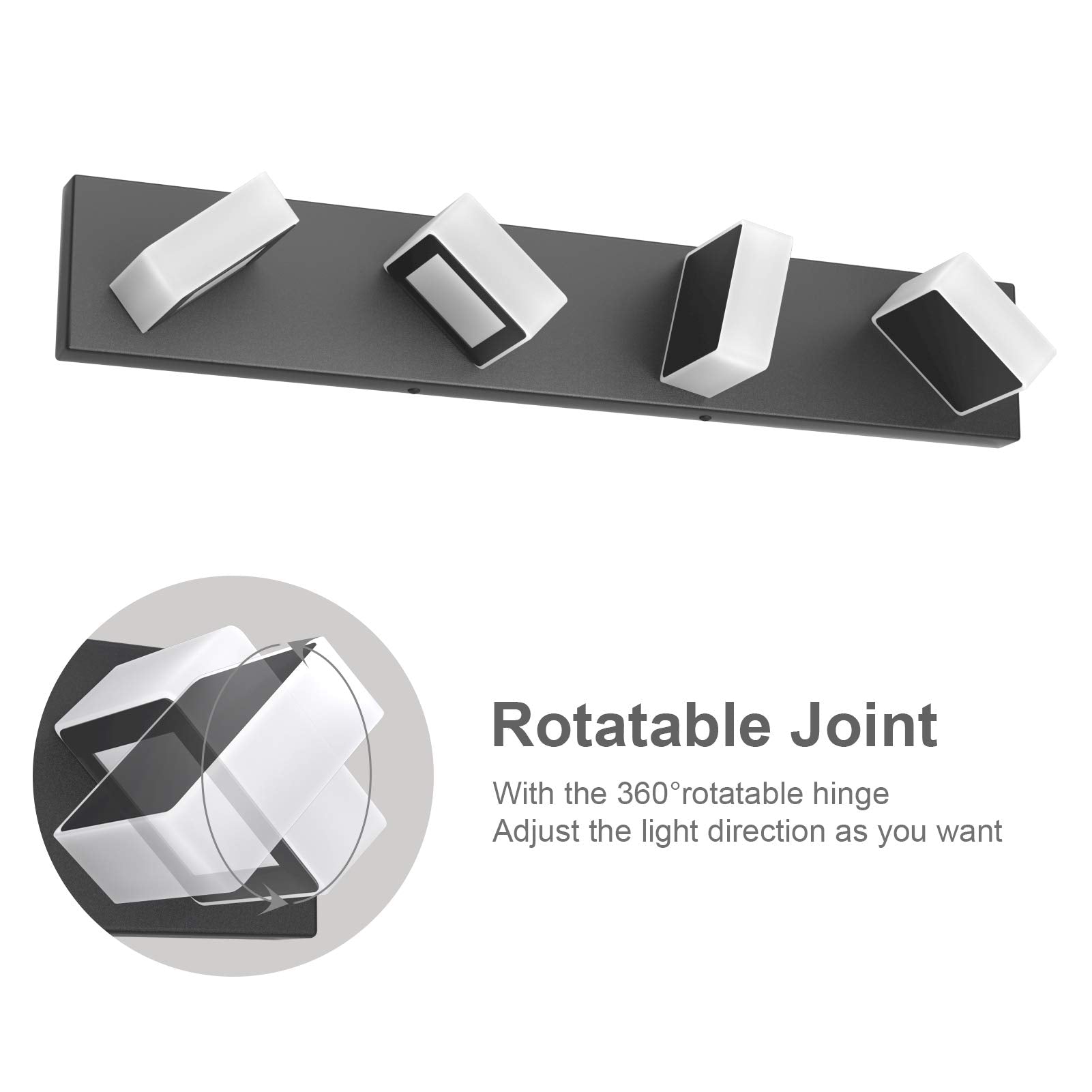 Ralbay Black Vanity Light 4-Light Dimmable LED Stainless Steel Acrylic 360° Rotatable D-8590-4T