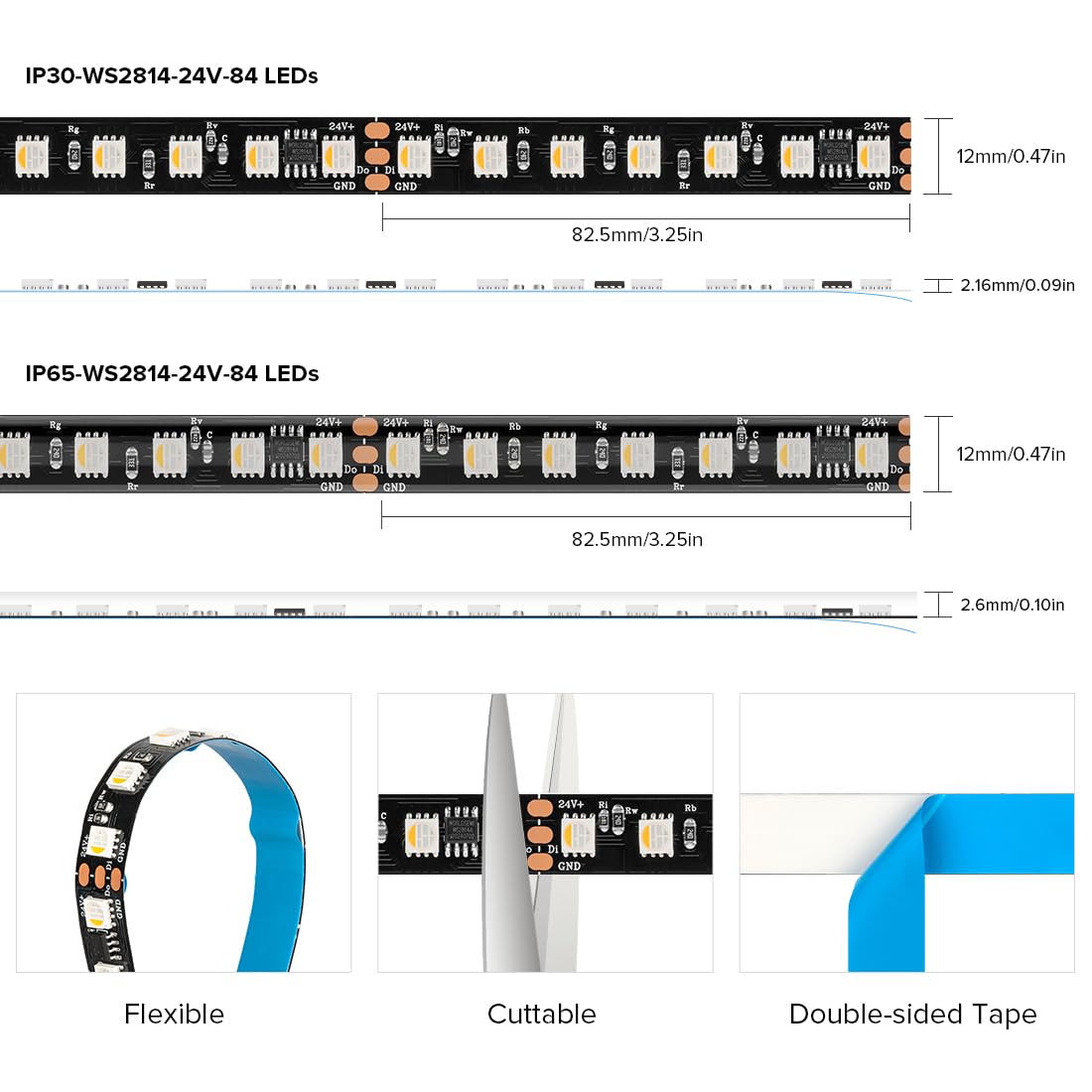 BTF-LIGHTING WS2814 RGBW LED Strip 16.4FT 84LED/m DC24V IP65 Plastic 6000K