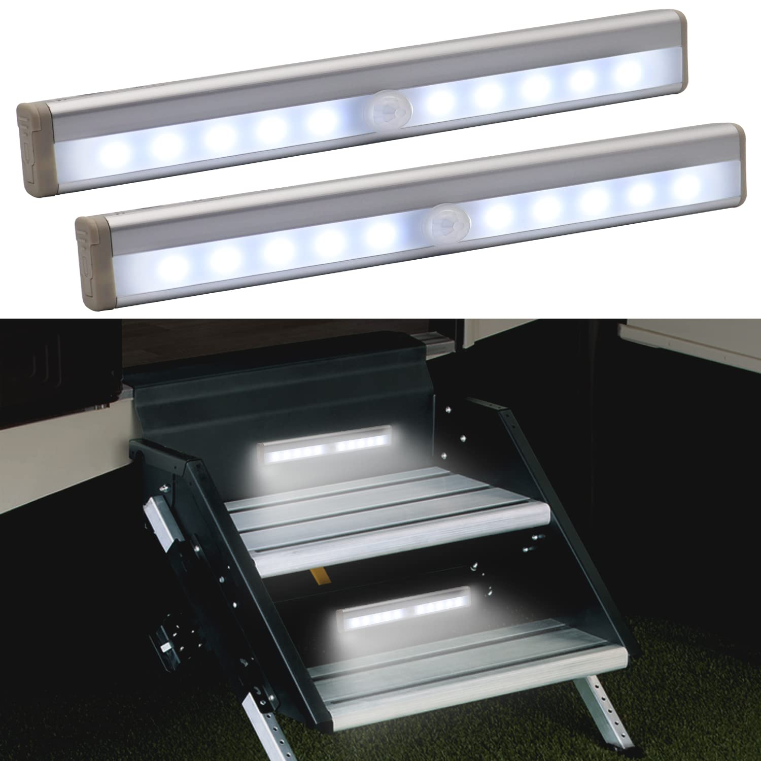 CCBASEBALL RV Step Lights, Motion Activated, 10 LED, Battery Operated, White, Model RV Step Lights-1, 2 Pack